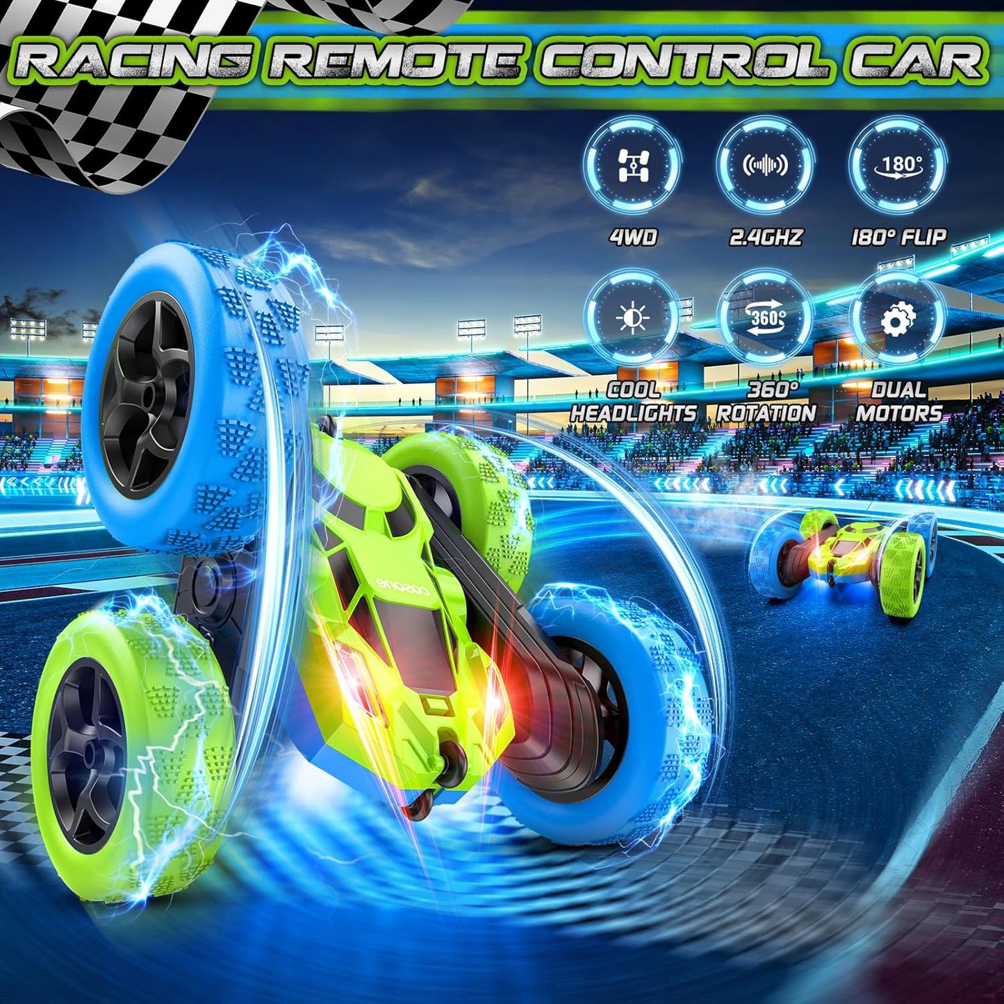 cosone Remote Control Car Toys for Boys - 4WD 2.4Ghz Double Sided 360° Rotating All Terrain RC Cars with Cool Lights, Kids Birthday for Boys-Blue&Green