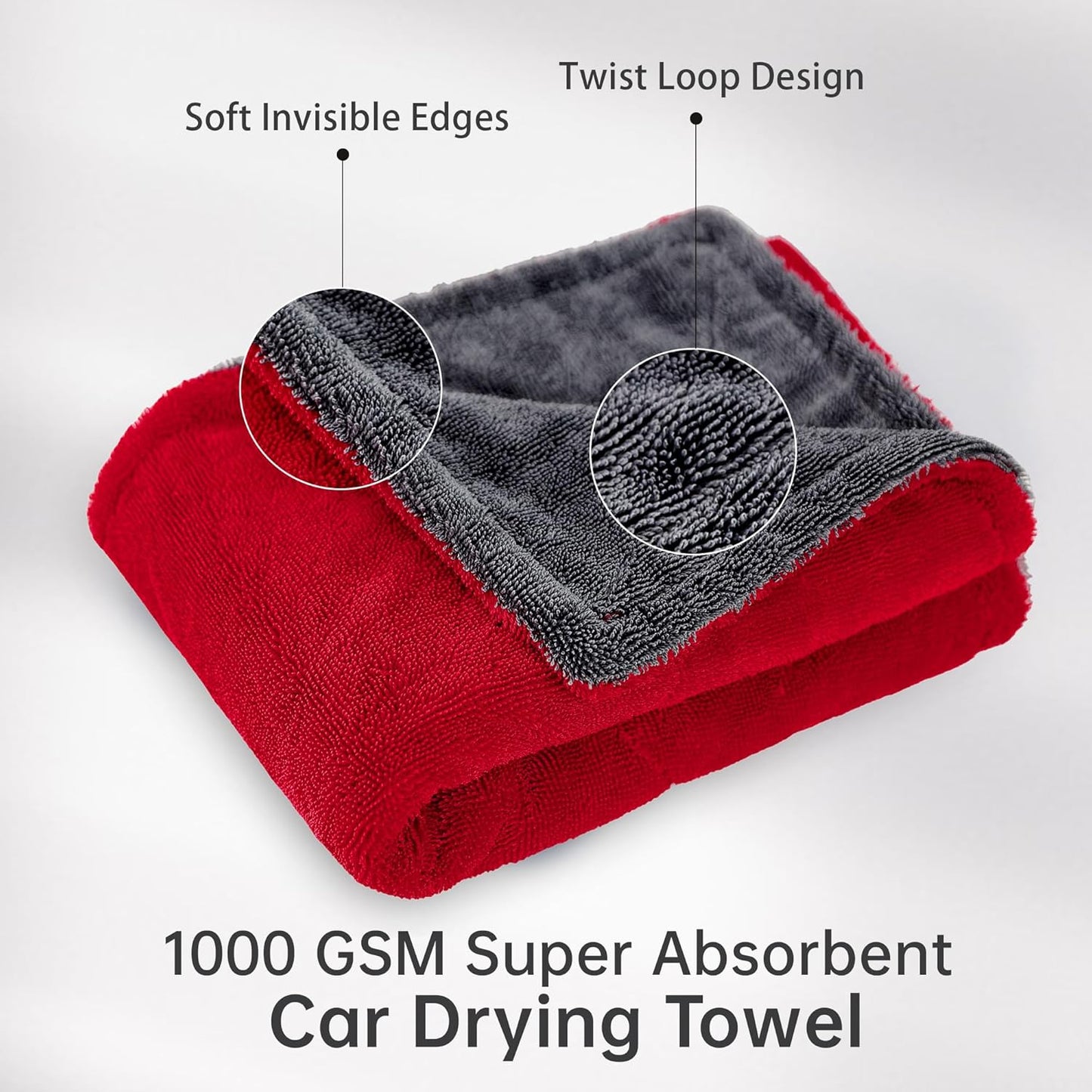 LIVOS Extra Large Car Drying Towel, Twisted Terry Microfiber Towels for Cars, 1000GSM Professional Quick Dry Cleaning Cloth for Car, Scratch-Free, Absorbent Wash Towel, 25" x 36" (Red&Grey)