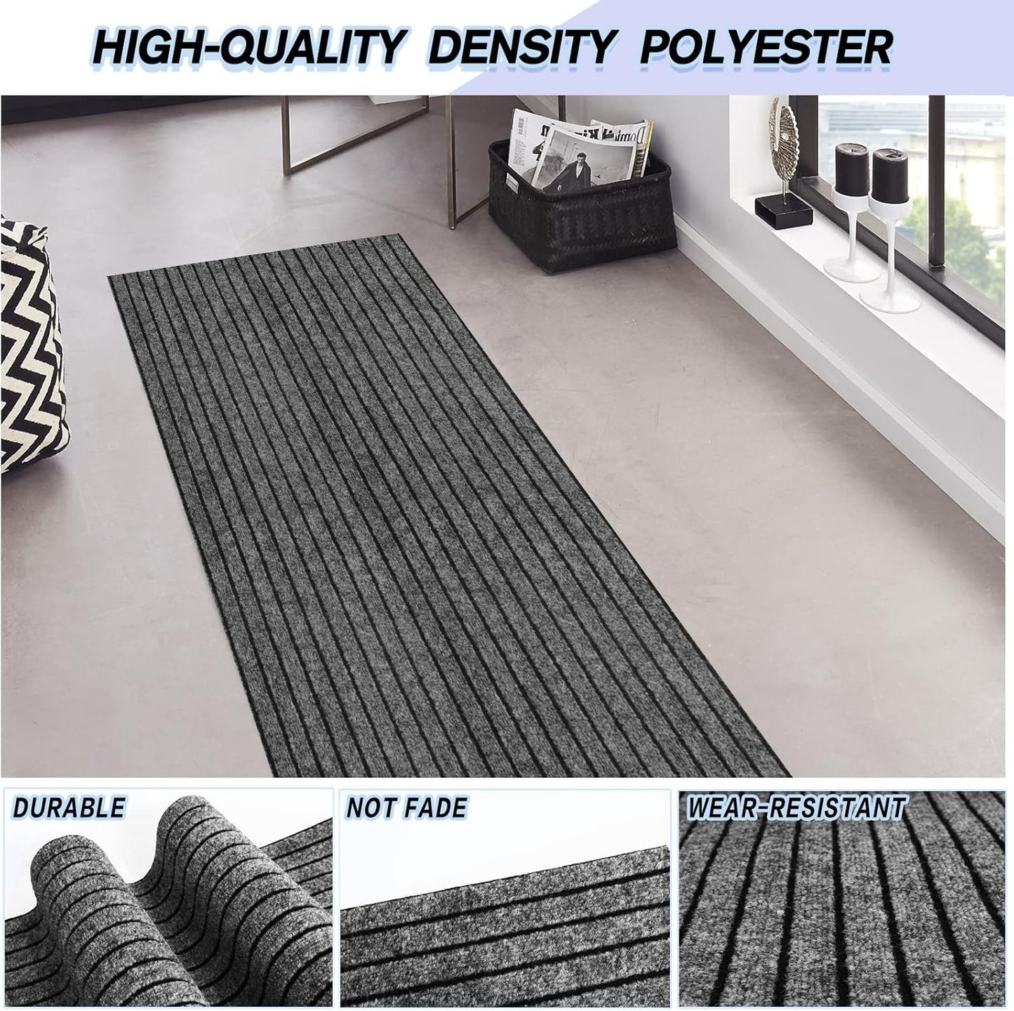 Custom Size Backed Non-Slip Area Rugs Runner, Easy Clean, Waterproof Runner Rugs for Hallway Entryway, Kitchen, Laundry, 4FT x 24FT, Gray Stripe