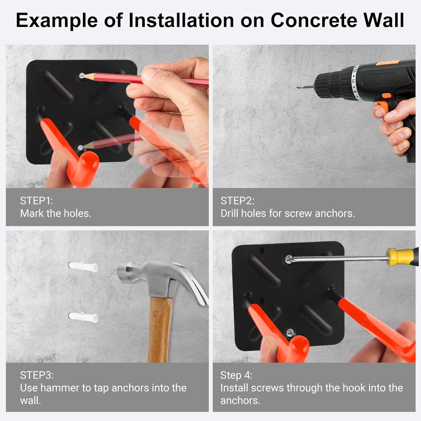 Steel Garage Storage Hooks Wall Tool Organizer, 10 Inch Garage Hook Heavy Duty Utility Storage Hangers Orange for Ladders, Chairs, Garden Tools, Set of 4