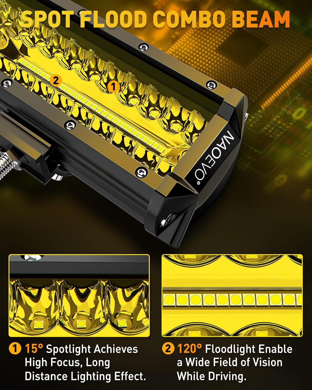 NAOEVO 12 Inch LED Light Bar, 300W 30000LM LED Offroad/Driving/Fog Lights with Wiring Harness Kit, Spot Flood Work Lights for Truck UTV ATV Golf Cart Boat, 1 Pc (Yellow)