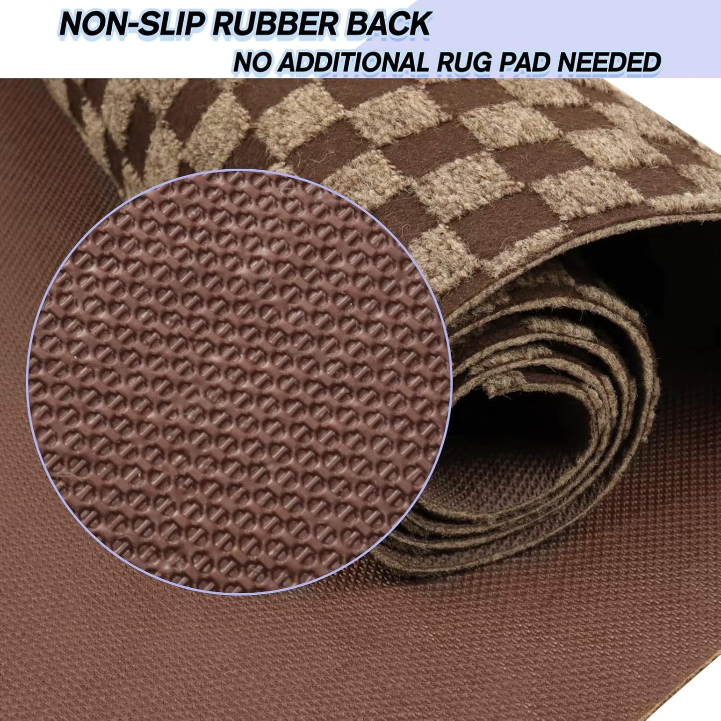 Custom Size Backed Non-Slip Area Rugs Runner, Easy Clean, Waterproof Runner Rugs for Hallway Entryway, Kitchen, Laundry, 3FT x 75FT, Brown Checkered