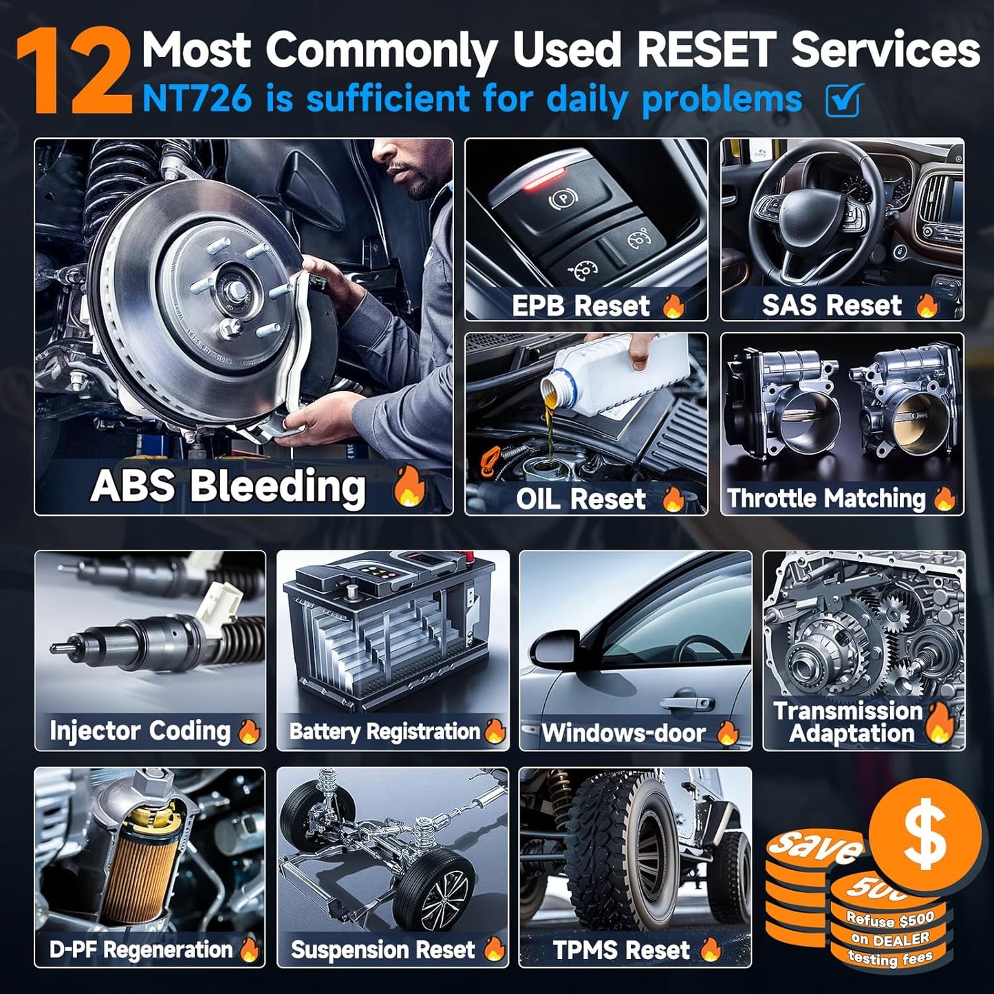 FOXWELL NT726 Bidirectional Scan Tool, All System OBD2 Scanner Diagnostic Tool, Code Reader for Cars and Trucks with 12 Resets, ABS Bleeding/Oil/EPB/SAS/D-PF/TPMS/Injector Coding/Throttle/BMS..., FCA