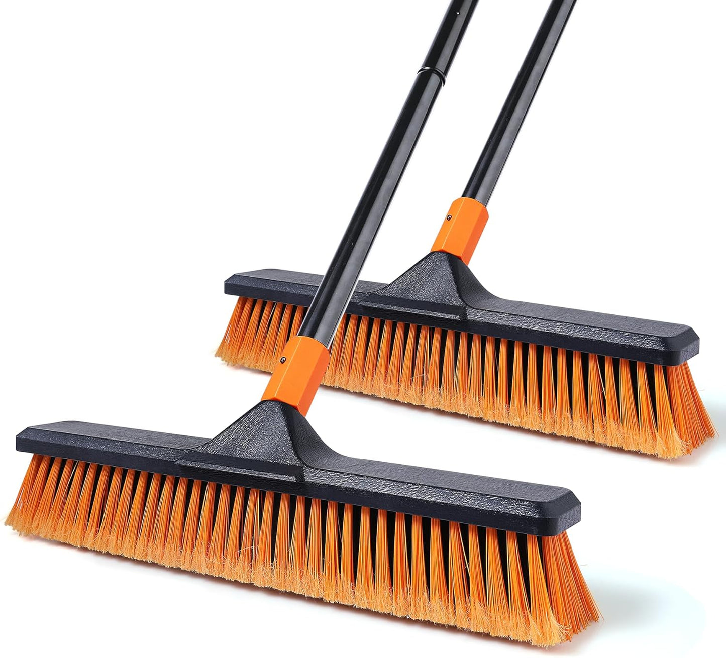 2 Set 18" Push Broom Outdoor with 65” Extendable Long Handle, Stiff Bristle Heavy Duty Broom for Indoor and Outdoor, Bathroom, Kitchen, Tub, Tile, Patio, Deck, Concrete, Commercial Brooms