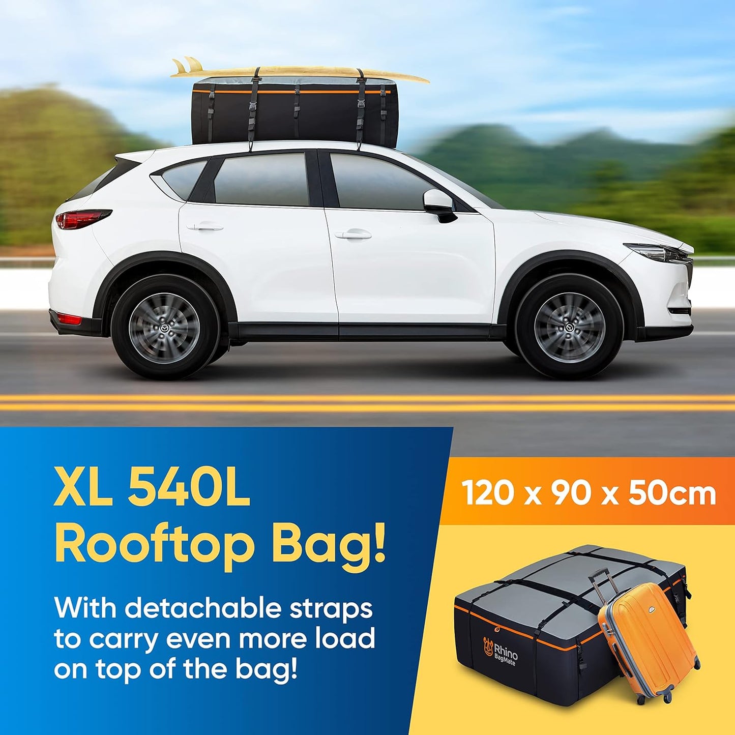 Military-Grade Waterproof Roof Bag - Rooftop Cargo Carrier – 19 Cubic Feet. (540L) with 4 Door Hooks, Zipper/Buckle Closure, Extra Strap – Black Roof Bag for Cars with or Without Rack