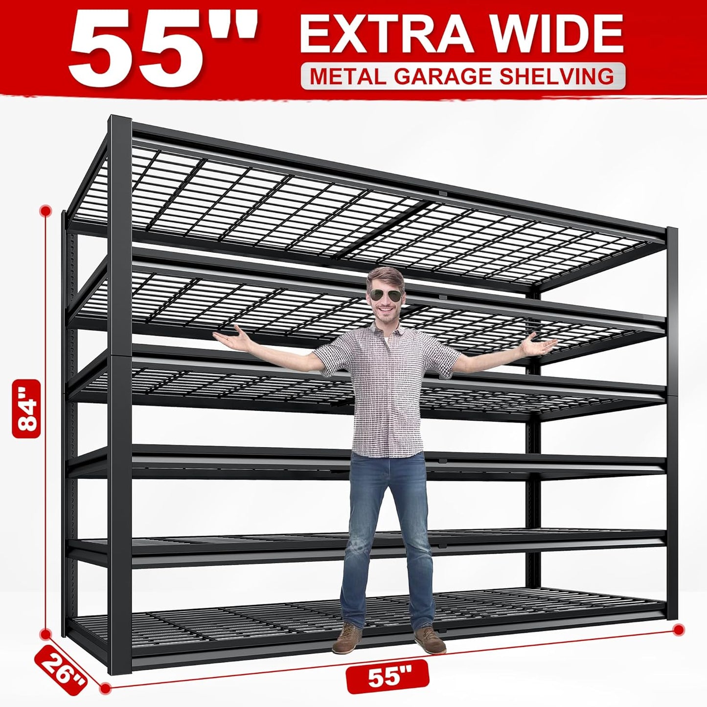 REIBII 3500LBS Garage Shelving, Adjustable Storage Shelves Heavy Duty, 6 Tier Heavy Duty Shelving, Metal Shelving Unit for Warehouse, Basement, Industrial, 55" W x 26" D x 84" H, Black