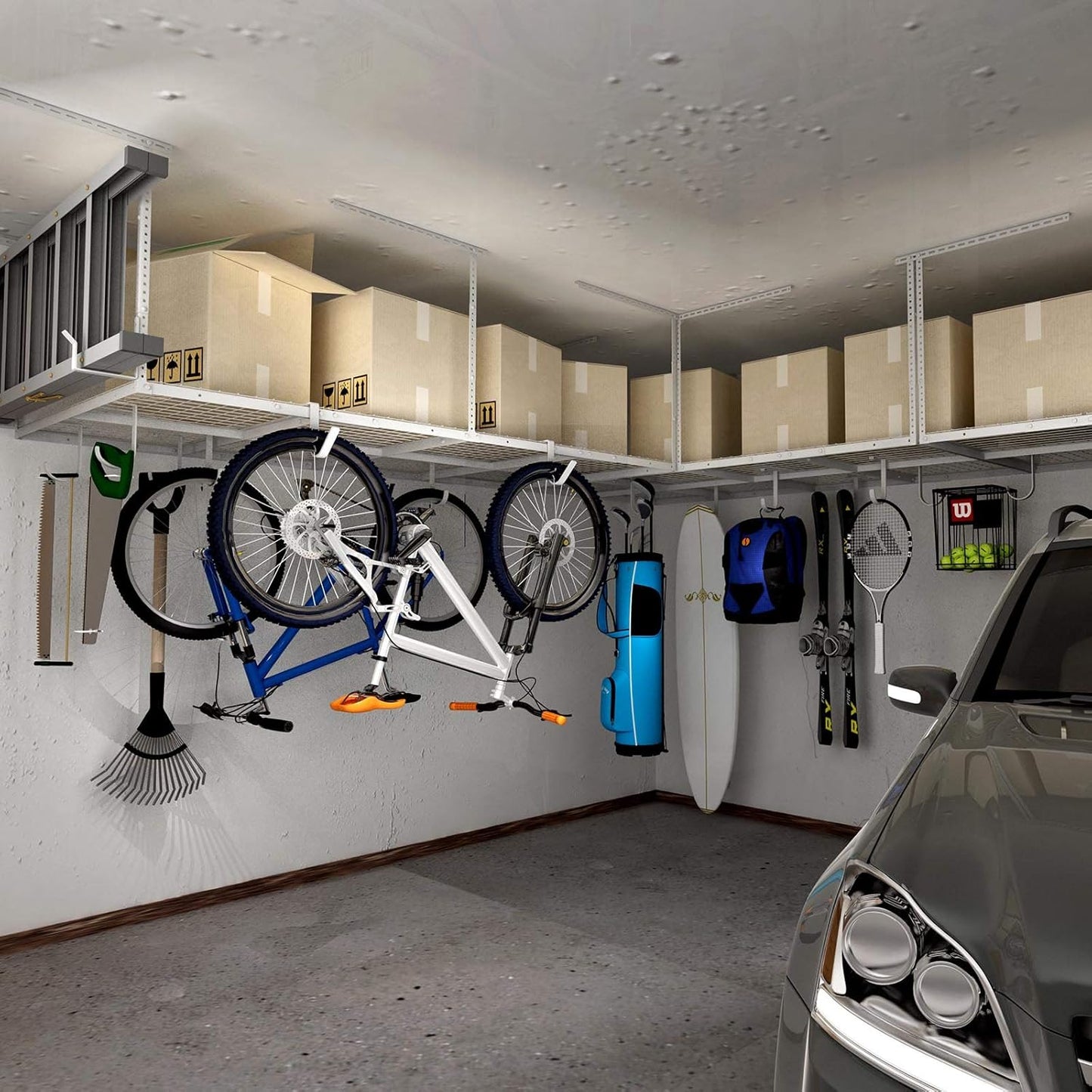 FLEXIMOUNTS 2-Piece Overhead Garage Storage Rack Set w/Hooks Adjustable Ceiling Storage Rack, 96" Length x 48" Width x 40" Height, 2 pcs, White