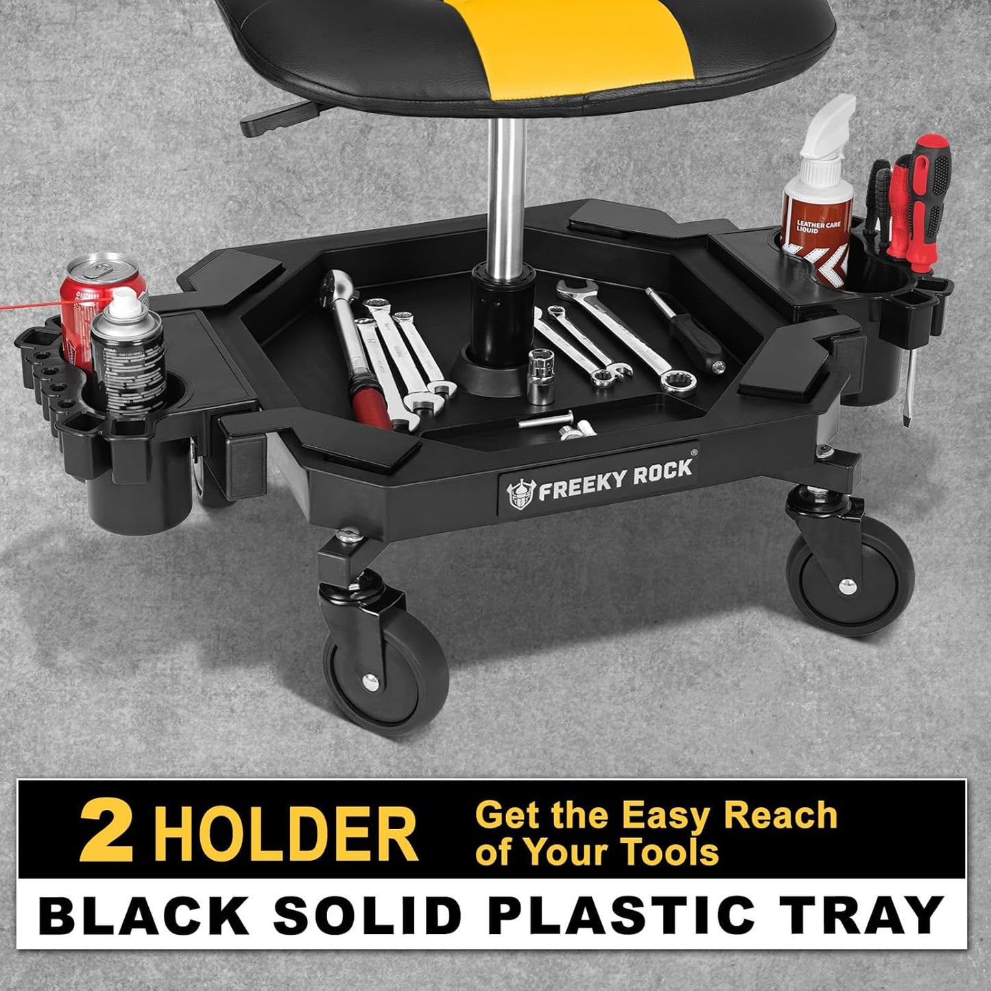 Rolling Stool with Wheels, Adjustable Height Pneumatic Garage Work Mechanic Stool Seat with Backrest, 400 LBS Capacity 360° Swivel Mechanic Crepper Chair with Tool Tray Storage, Yellow