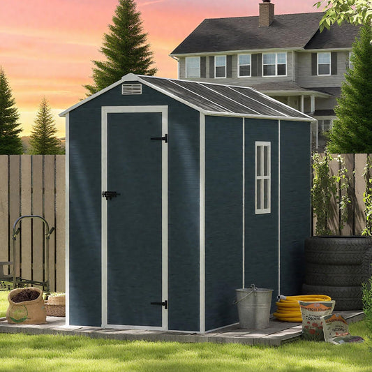 8x4 FT Outdoor Storage Resin Shed with Floor,Waterproof Plastic Garden Bike Shed with Lockable Door, Sloped Roof, Vents & Windows, Easy Assembly Tool Shed for Lawn, Backyard, Patio, Black