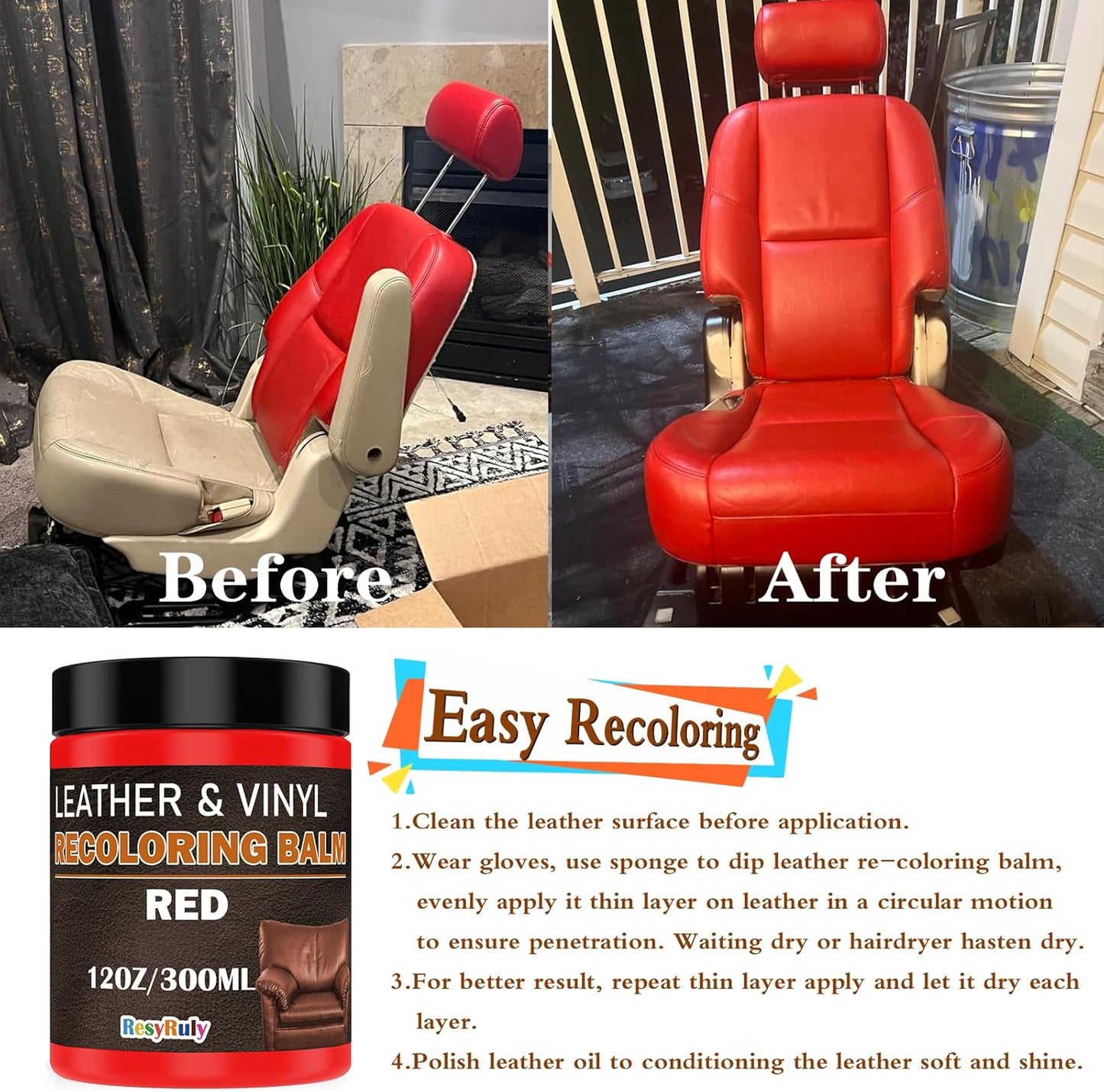 Leather Stains and Dye Liquid Red Recoloring Balm Dashboard Fabric Sneaker Shoes Boots Jacket Bag Purse Vinyl Acrylic Paint Boat Car Seats Wood Furniture Couch Fade Scratches Repair Kit Color Restorer