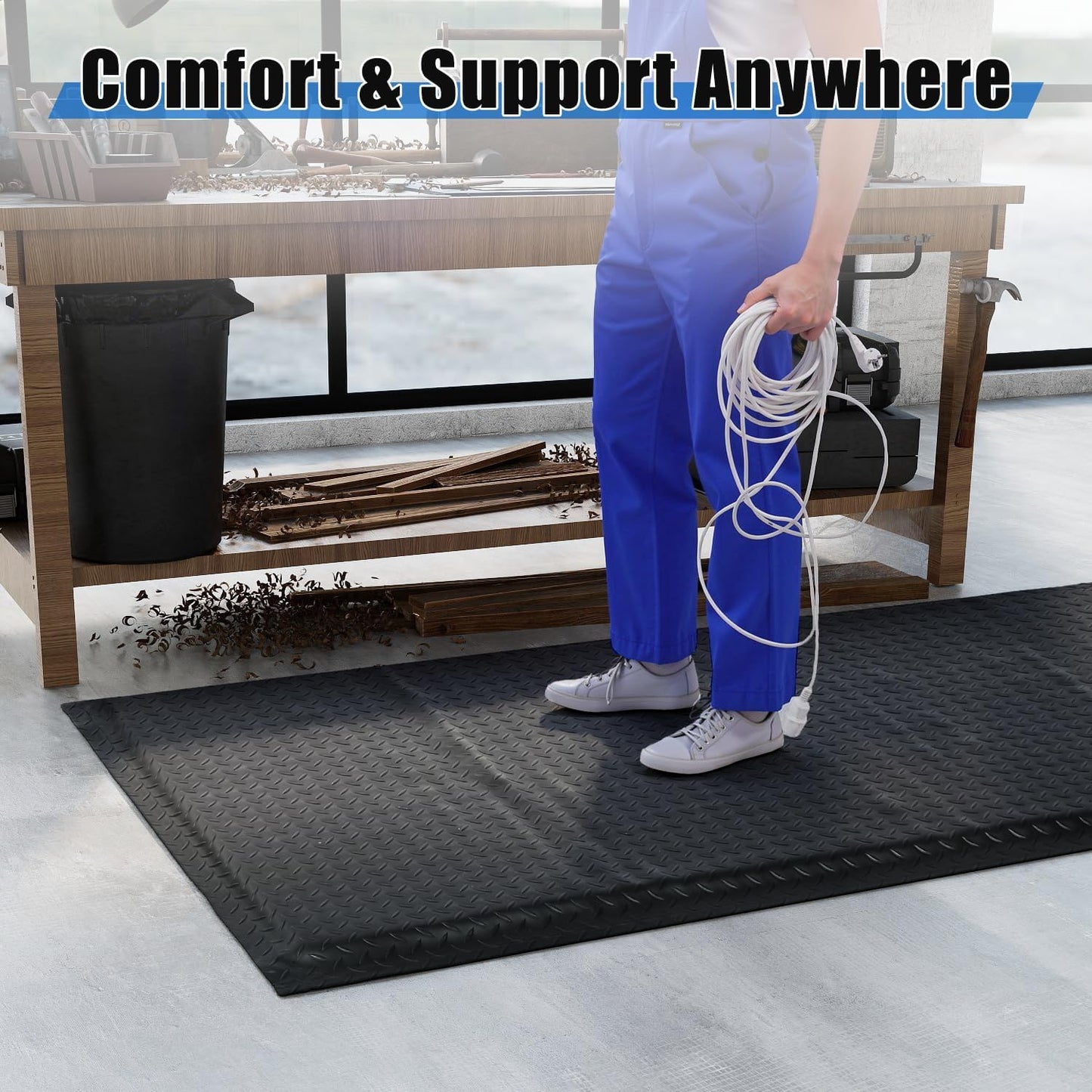 tonchean 3' x 7' Anti Fatigue Mats Industrial Extra Thick 15/16" Ergonomic Standing Floor Pad, Work Mats for Machinist Workshop Garage, Reducing Pressure - Black