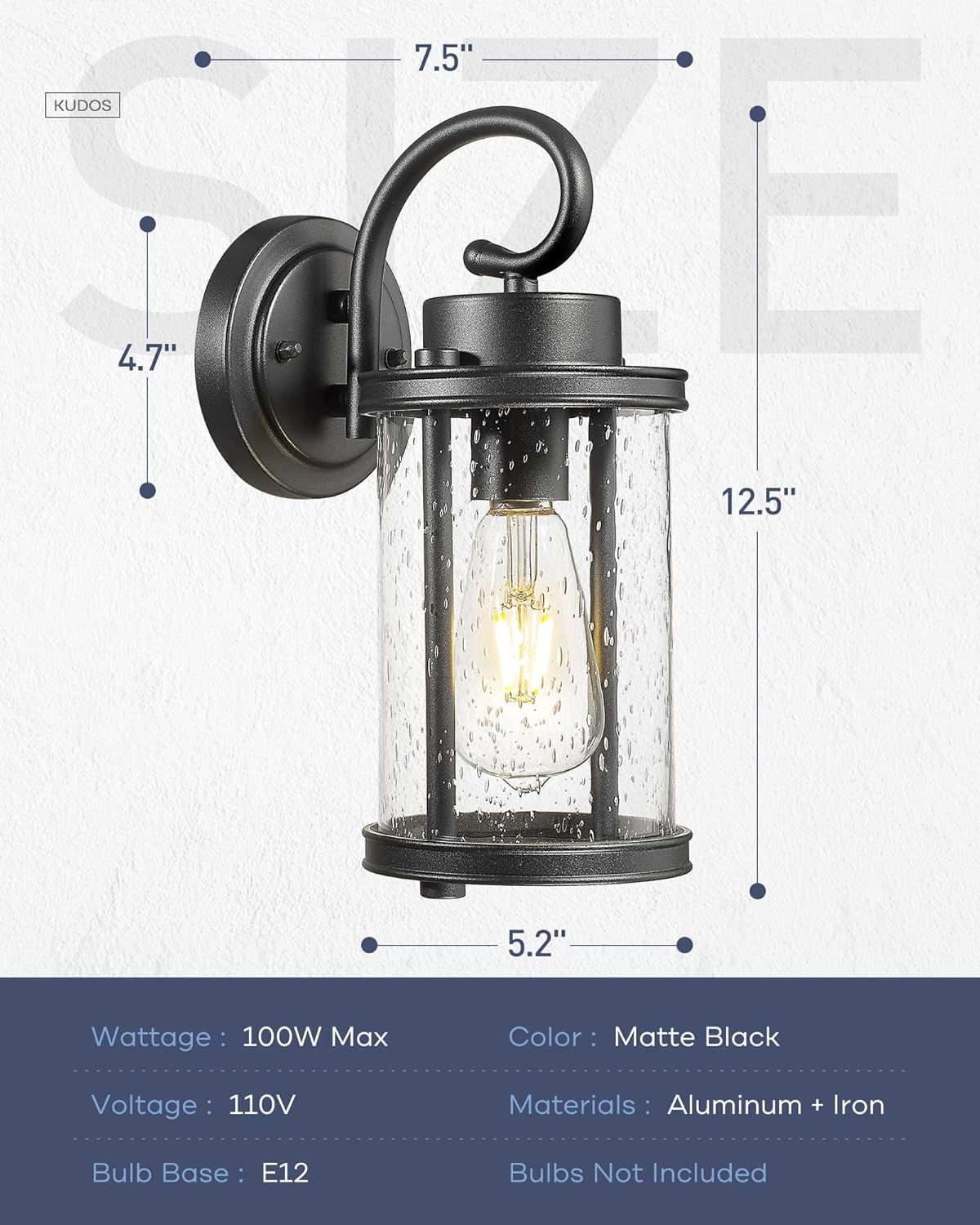 kudos Porch Lights, 12.5 inch Cylinder Outdoor Wall Light, E26 Sockets, Anti-Rust Waterproof Light Fixtures Wall Mount for Patio, Black with Seeded Glass, KDOWL01-BK