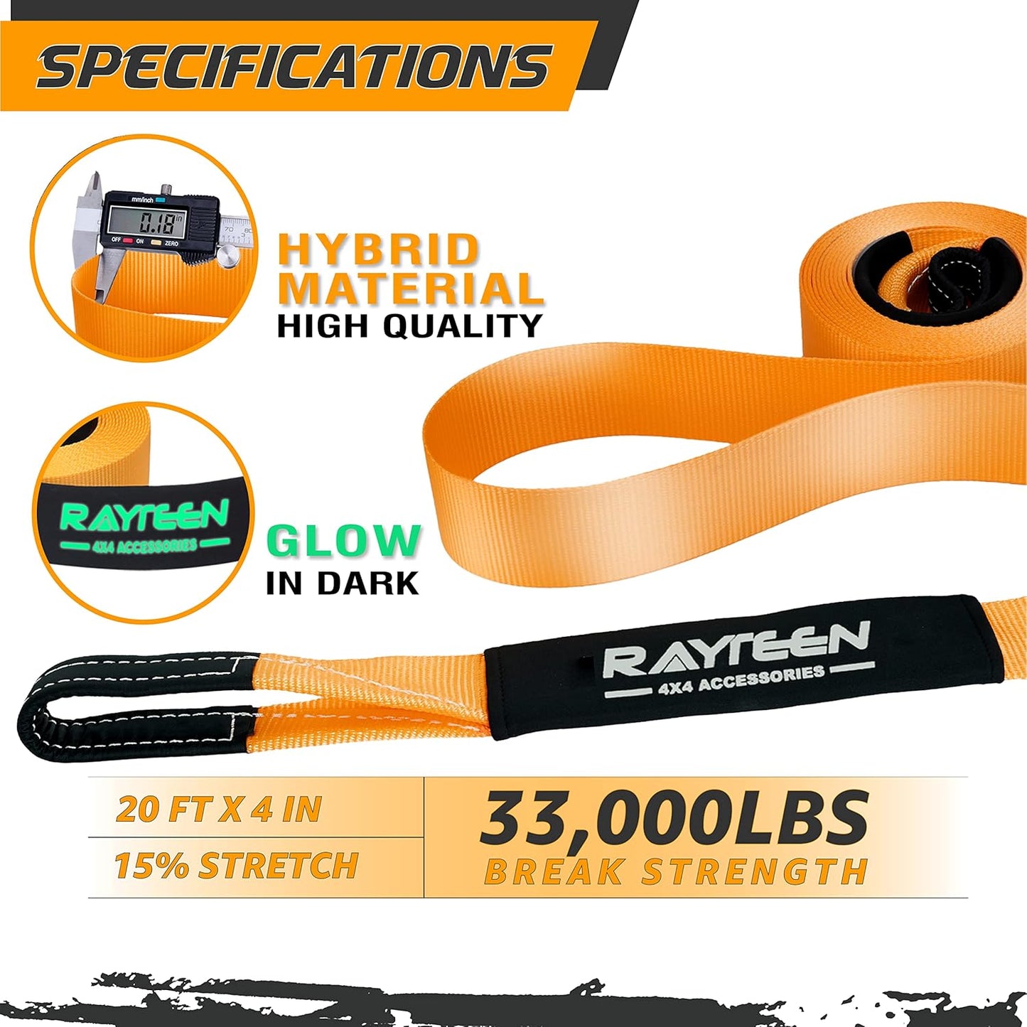 Genuine 33,000lb Xtreme Heavy Duty Recovery Tow Strap | 20ft x 4in Vehicle Tow Strap with Reflective Sleeve & Reinforced Loops | Suits for 4x4 Offroad UTV ATV Trucks Boats