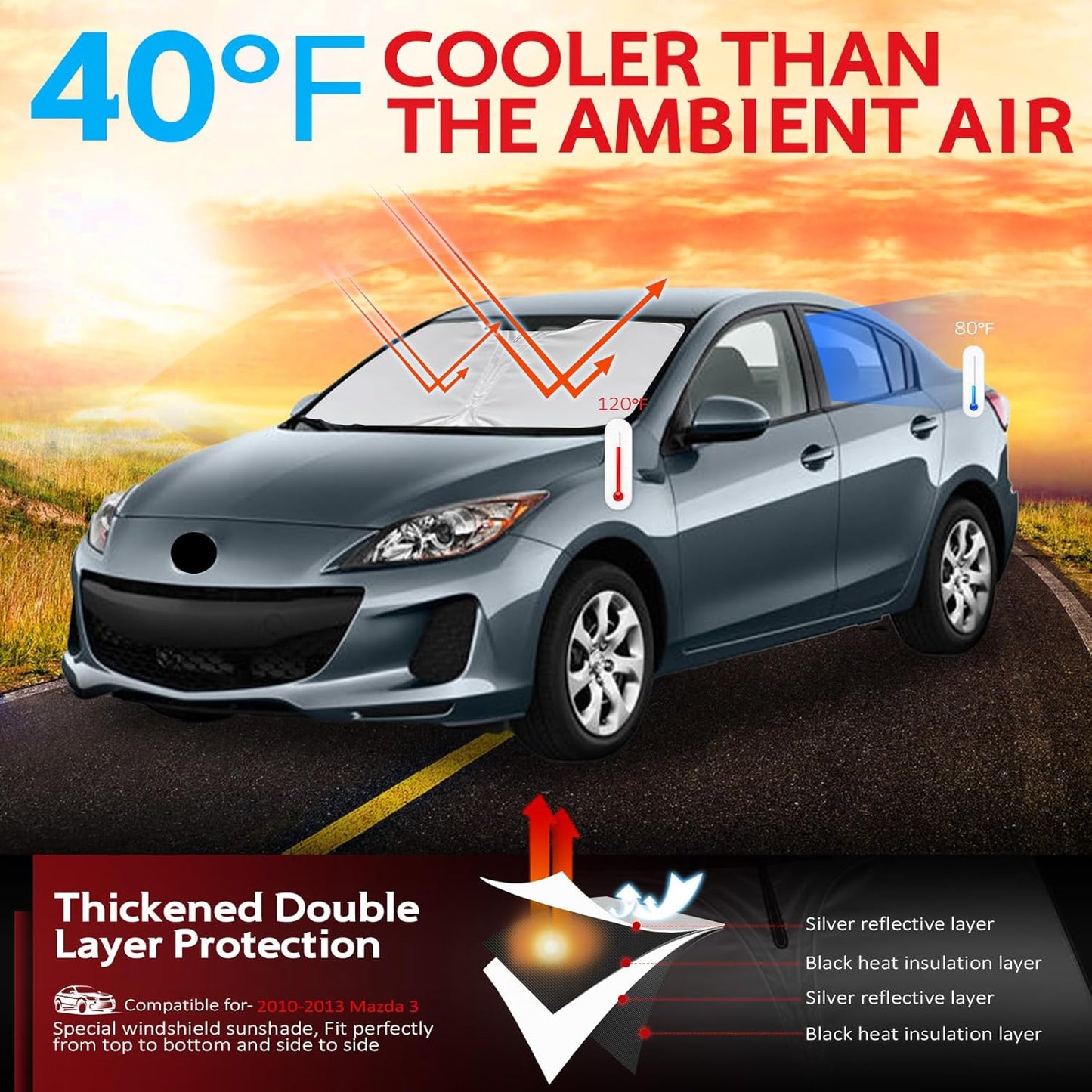 KAYZT Windshield Sun Shade for 2010-2013 Mazda 3 Foldable Sunshade Front Window Custom Fit Car Accessories