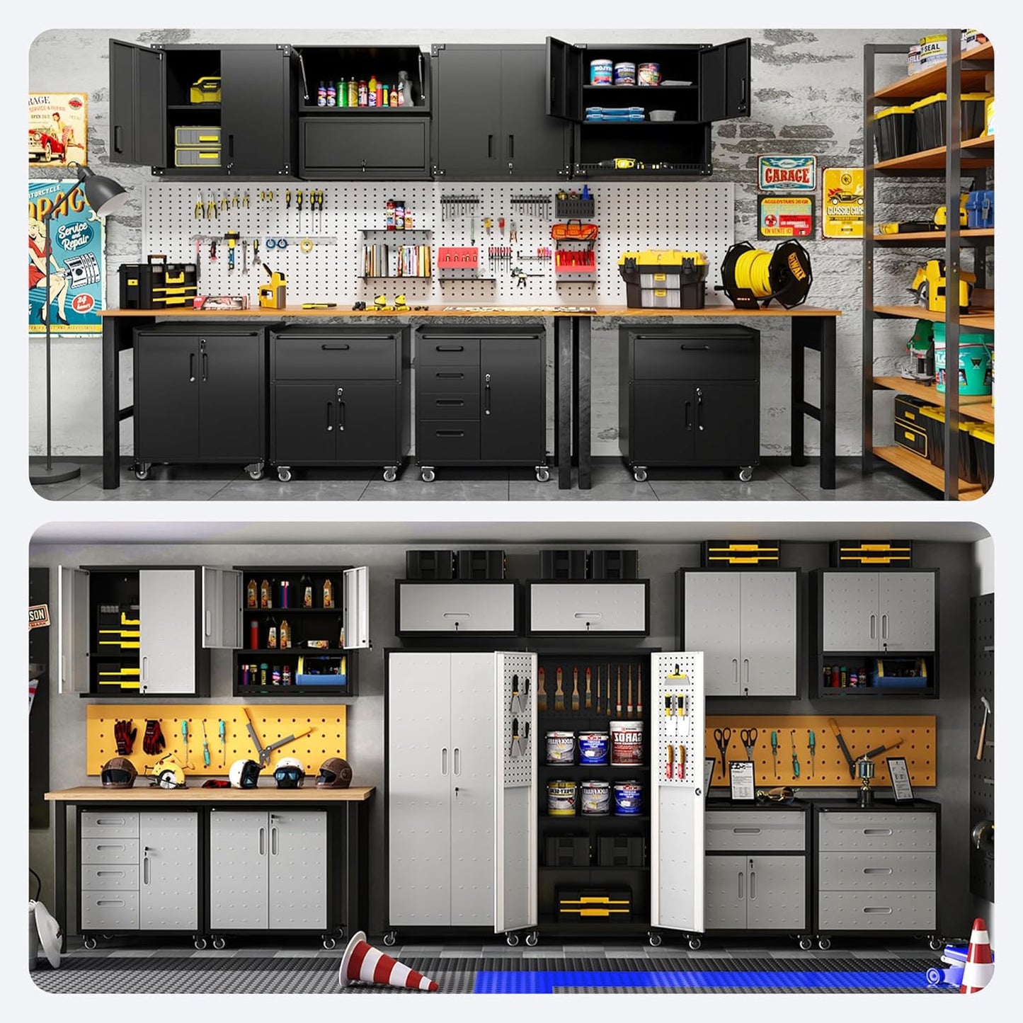 Metal Tool Cabinet,Garage Storage Cabinet System,Wall Cabinet & Locking Rolling Tool Cabinet with Doors and Adjustable Shelves,Steel Tool Cabinets for Home,Office (5 Pcs-StyleC, Black)