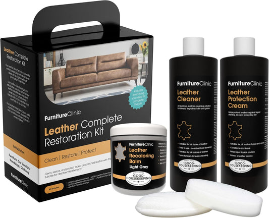 Furniture Clinic Leather Complete Restoration Kit | with Leather Recoloring Balm, Cleaner, 2-in-1 Protection Cream & Conditioner, Sponge, and Cloth | Repair Kit for Furniture (Light Grey)
