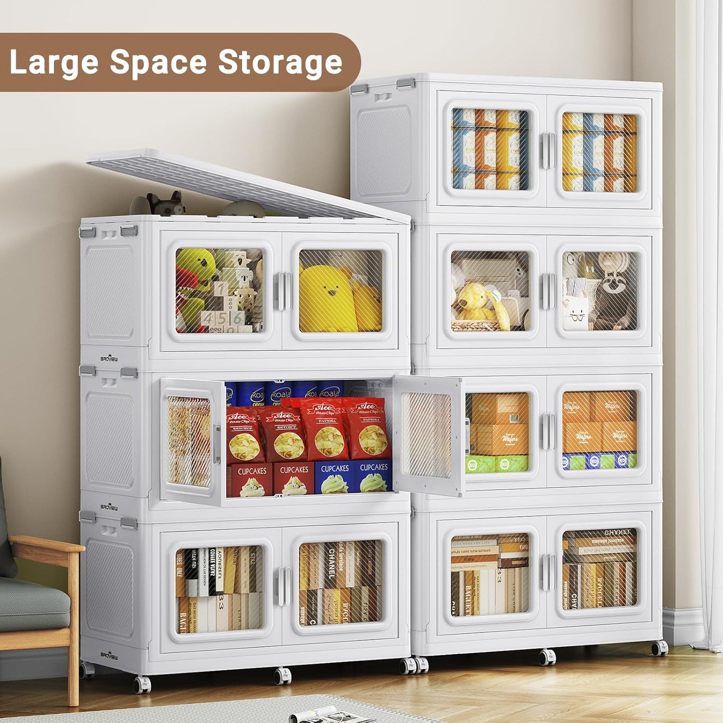 900 Qt Stackable Storage Bin with Lid, 225Gal Extra Large Collapsible Storage Boxes, Folding Plastic Drawer, Heavy-Duty Store Cabinet, Closet Organizer for Home Kitchen, 3 Pack White