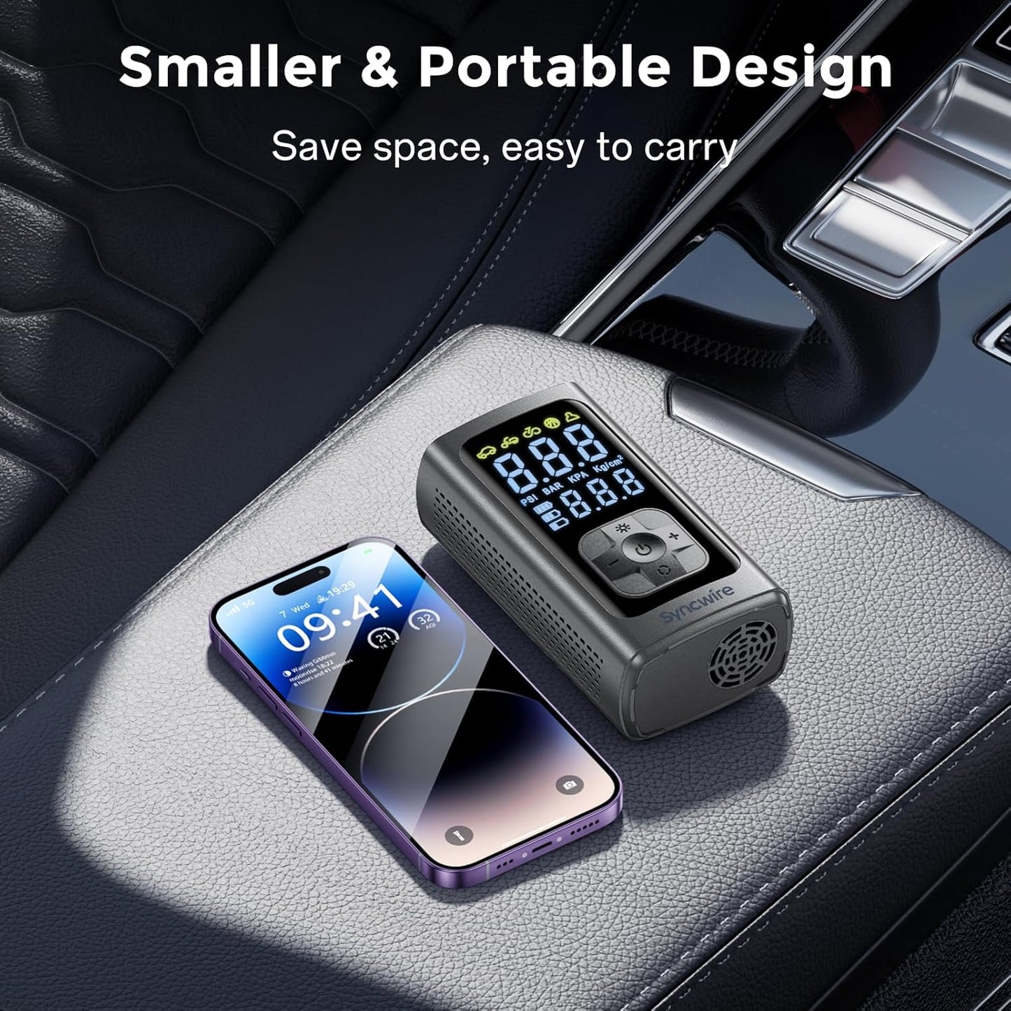 Syncwire Tire Inflator Portable Air Compressor - 150PSI 2X Faster Inflation Smart Air Pump for Car Tires [Extra-Large LCD] with Digital Pressure Gauge, Auto Shut-Off for Car, Motorcycle, Bike & Balls