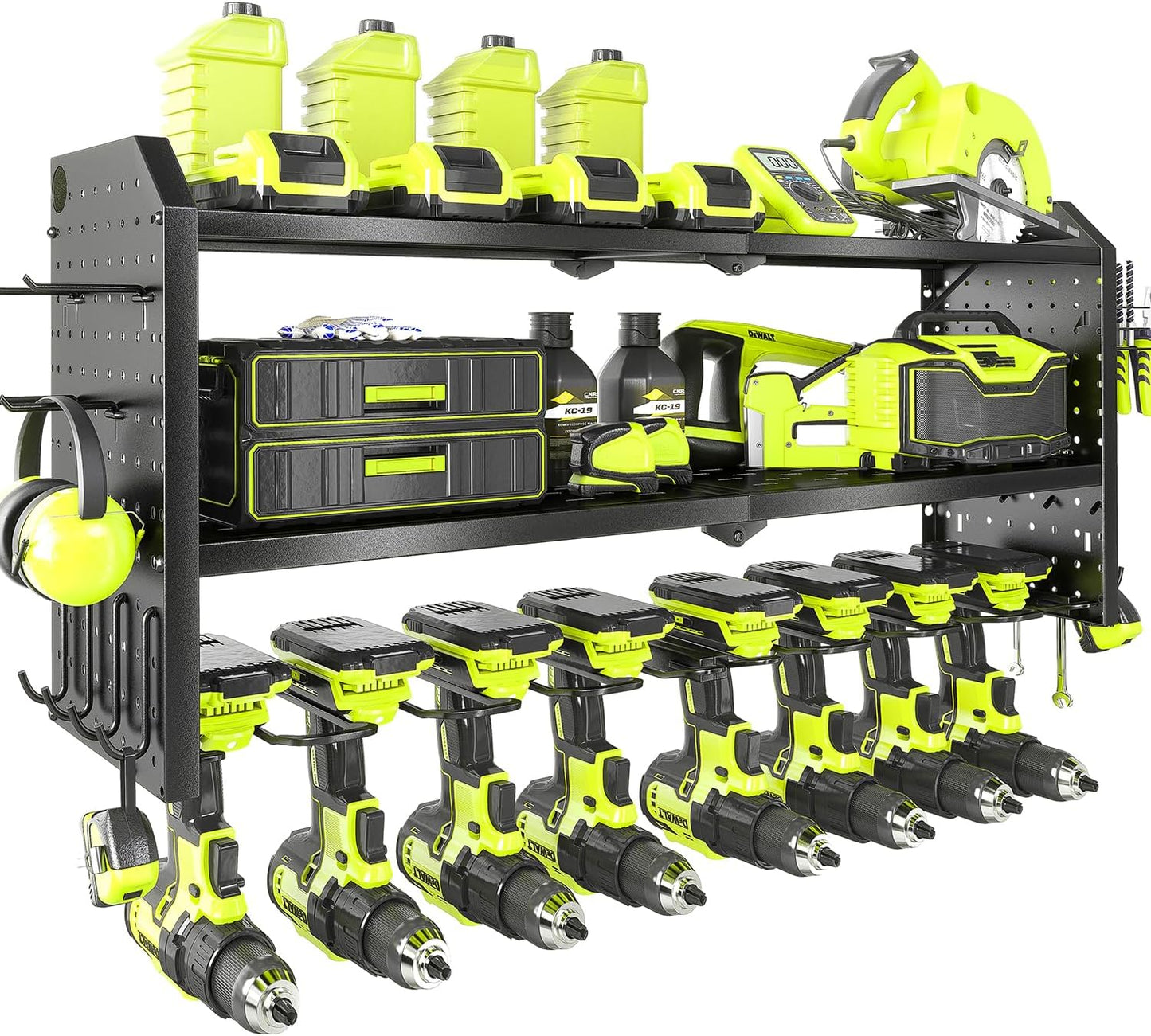 KAFAHOM Power Tool Organizer，Large 8 Drill Holder Wall Mount with 2 Side Pegboards,Metal Tool Shelf with 12 Hooks，Storage Rack for Garage Organization，Utility Cordless Drill Holder - Black