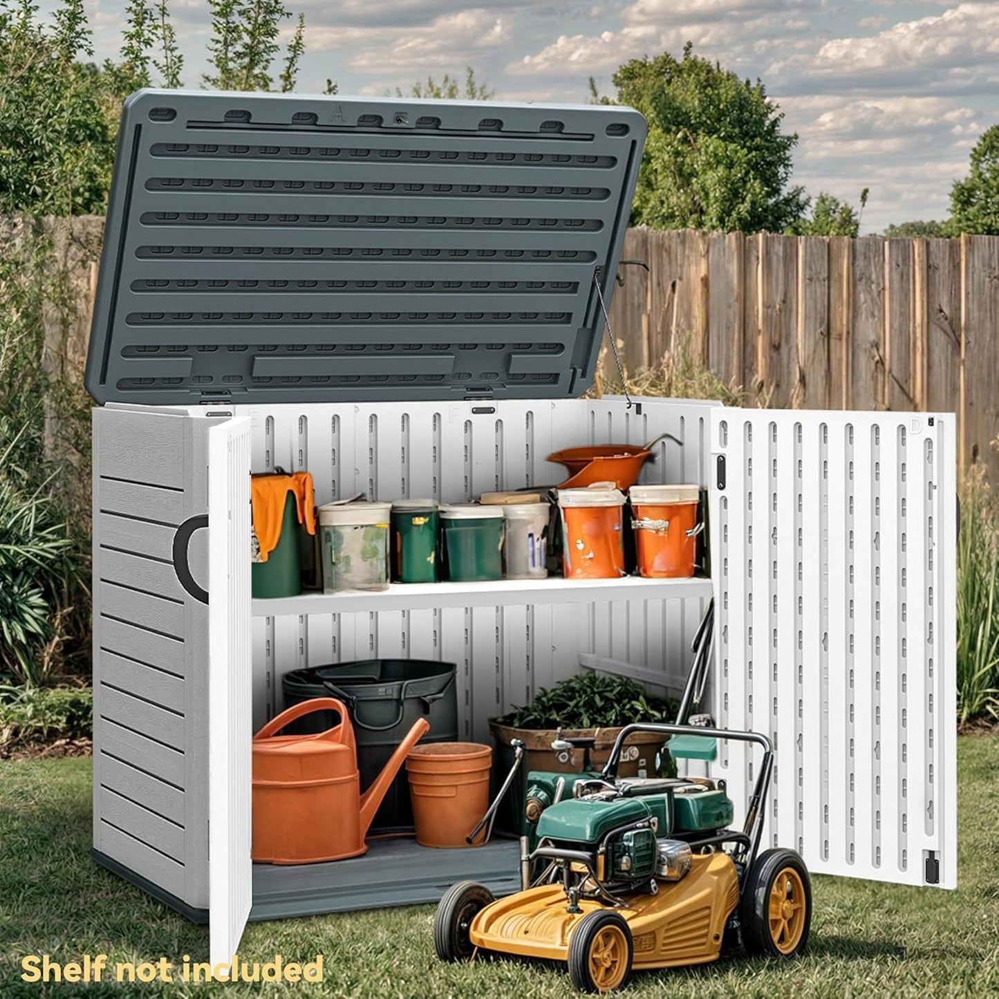 DWVO Outdoor Storage Shed, Weatherproof Resin, 35 Cu Ft Capacity, Horizontal Design, X-Shaped Lockable Door, Suitable for Bike, Garden Tools, Trash Cans, Light Gray