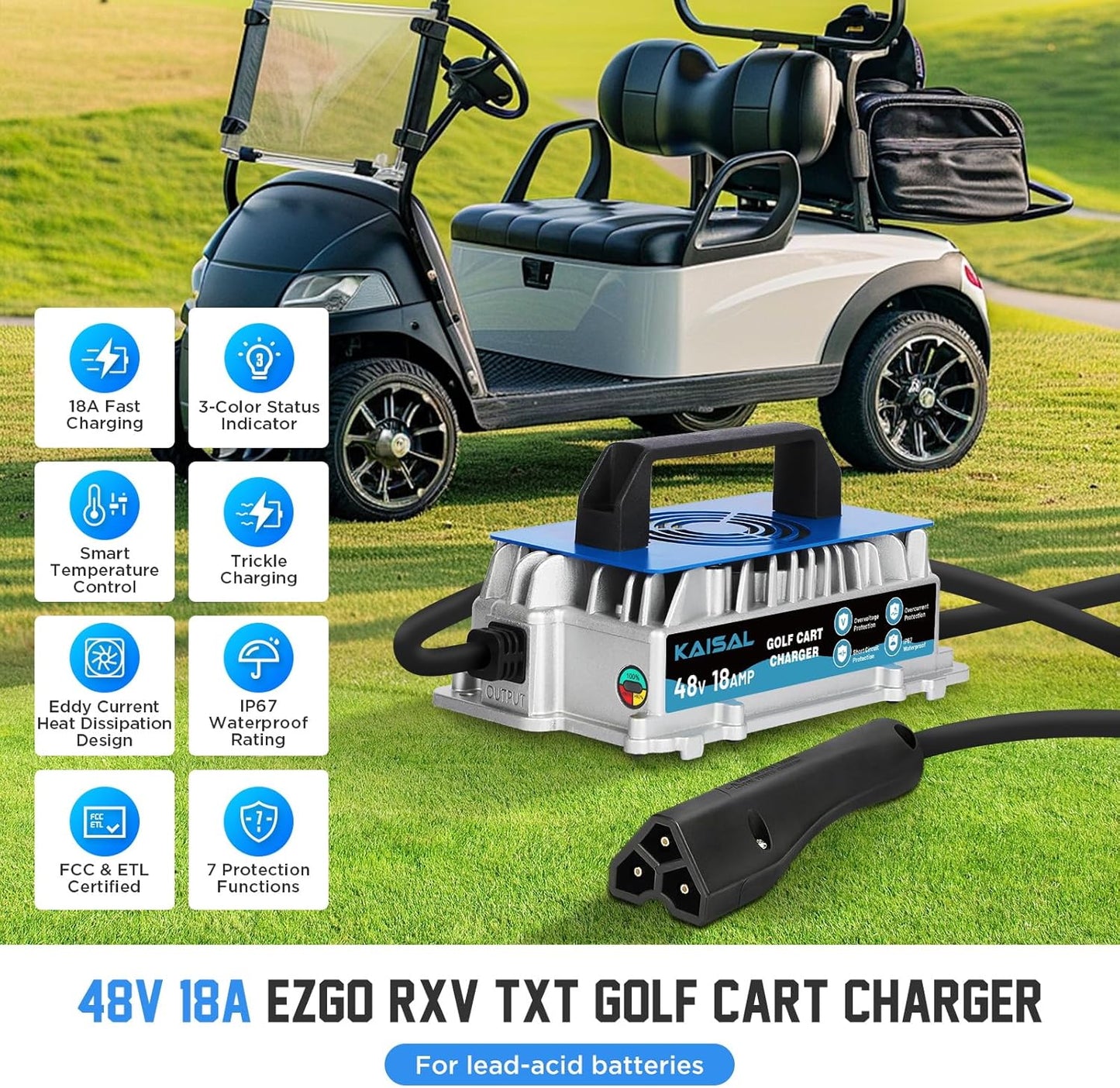 EZGO Golf Cart Charger 48 Volt 18 AMP Golf Cart Battery Charger 1250W for 48V EZ-GO RXV & TXT IP67 Waterproof 48V EZGO Charger 4-6 hrs Full Charge, 16FT Cable, for Lead-Acid Battery