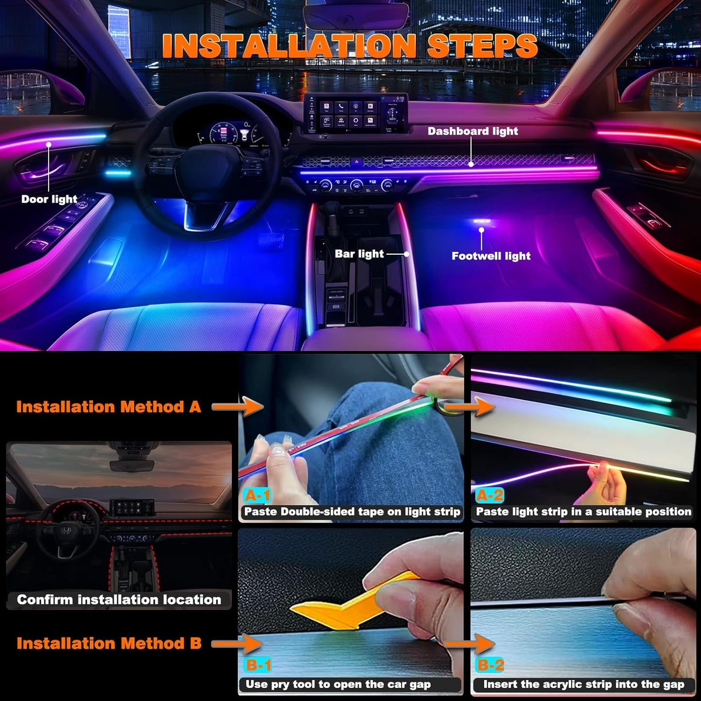 Interior Car LED Strip Lights, Acrylic LED Lights for Car with Dynamic Dreamcolor Chasing, Ambient Lighting Kits Music Sync Wireless APP and RF Remote Control (6 in 1)