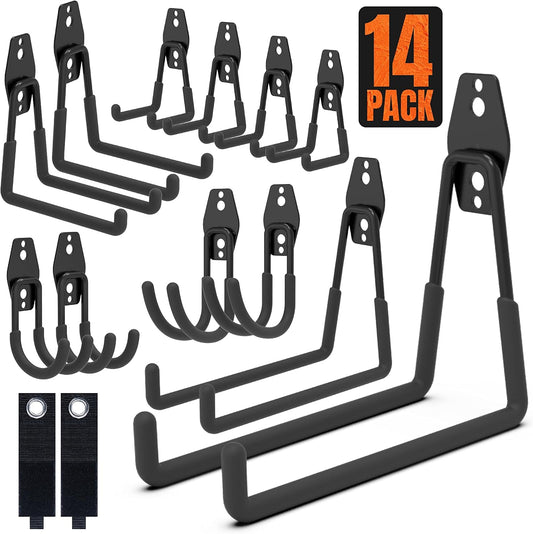 HUHOLE 14PC Garage Hooks Heavy Duty, Utility Garage Storage Hooks, Wall Mount Hook with Anti-Slip Coating for Hanging Ropes, Bikes, Ladders and Bulk Items