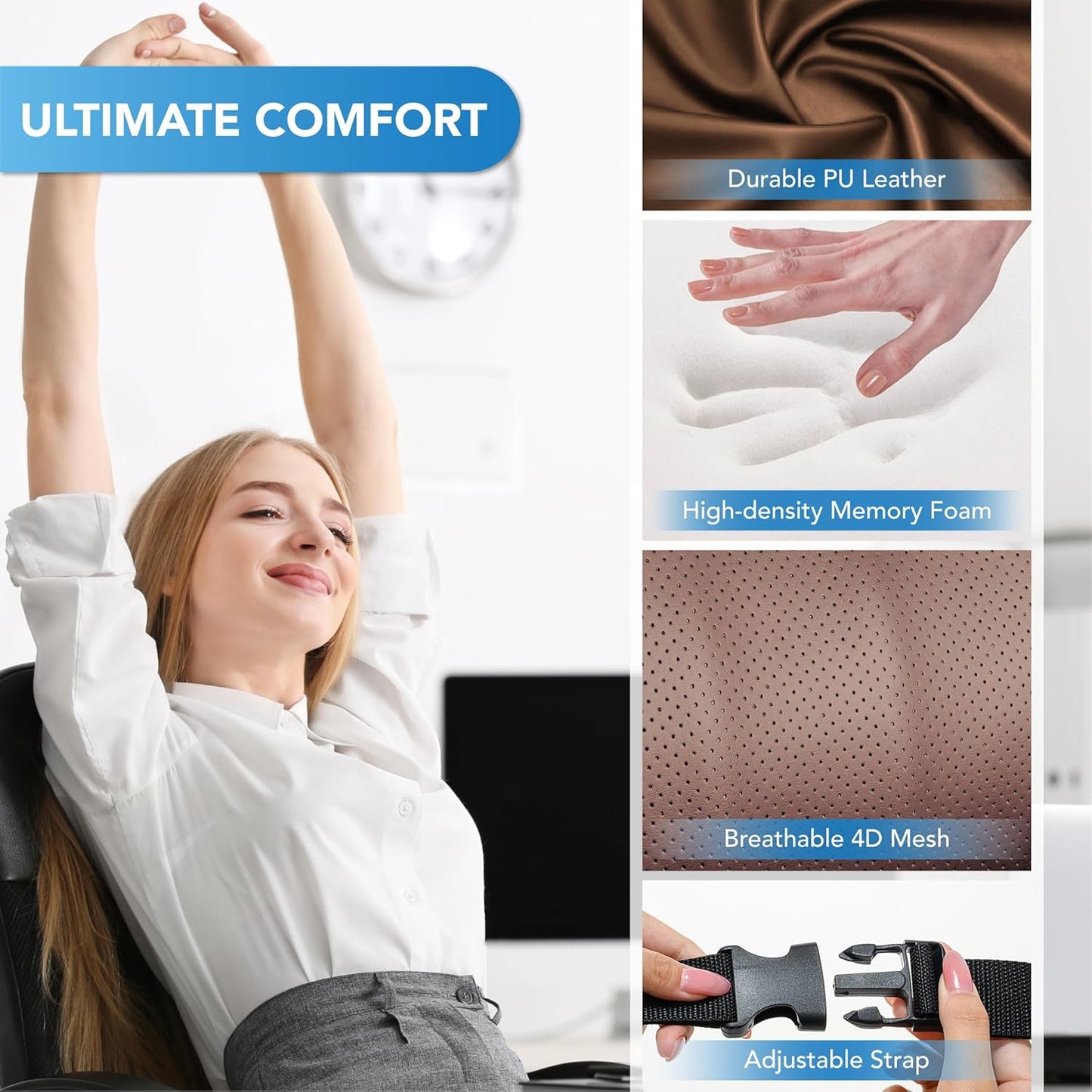 Lumbar Support Pillow for Car, Memory Foam Lumbar Pillow for Lower Back Pain Relief - Back Cushion for Driving, Chair Support for Car-Office Chair, Wheelchair - Classic Brown