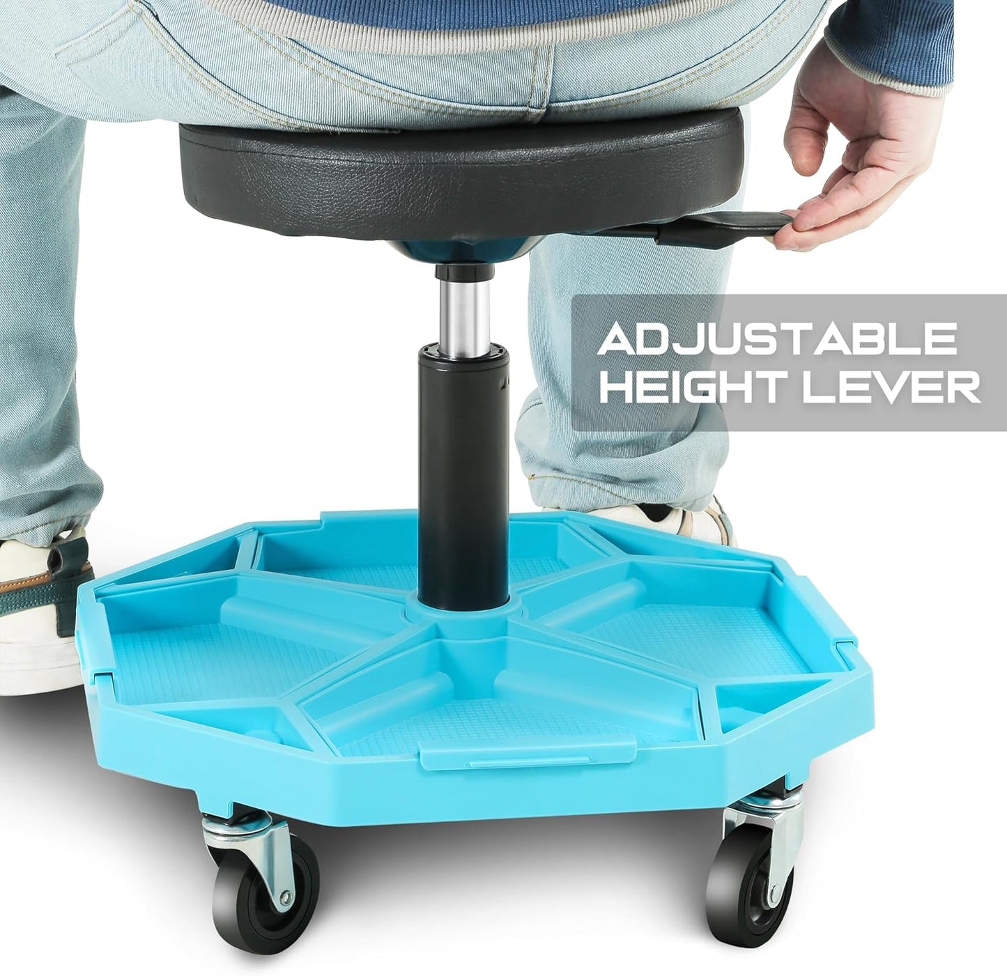 DNA MOTORING Adjustable Height Pneumatic Garage Seat Rolling Mechanic Stool with Tool Tray Storage,300lbs Max Weight Capacity, Blue,TOOLS-00480