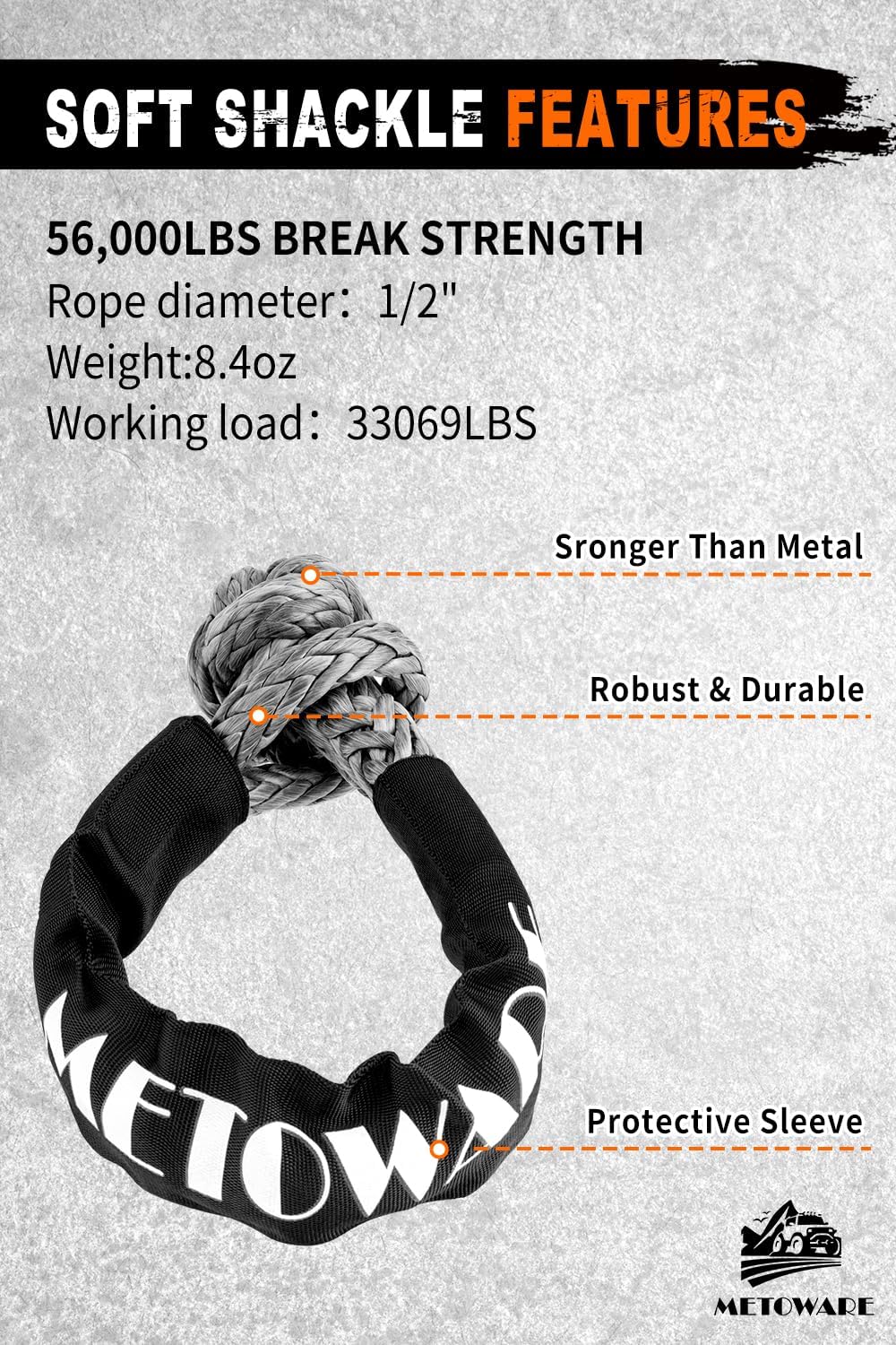 METOWARE Kinetic Recovery Rope (1’’ x 10ft) Offroad Tow Kit with 1/2inch x 22 Inch Soft Shackles，Heavy Duty Offroad Recovery Kit for UTV, ATV, Truck, Car