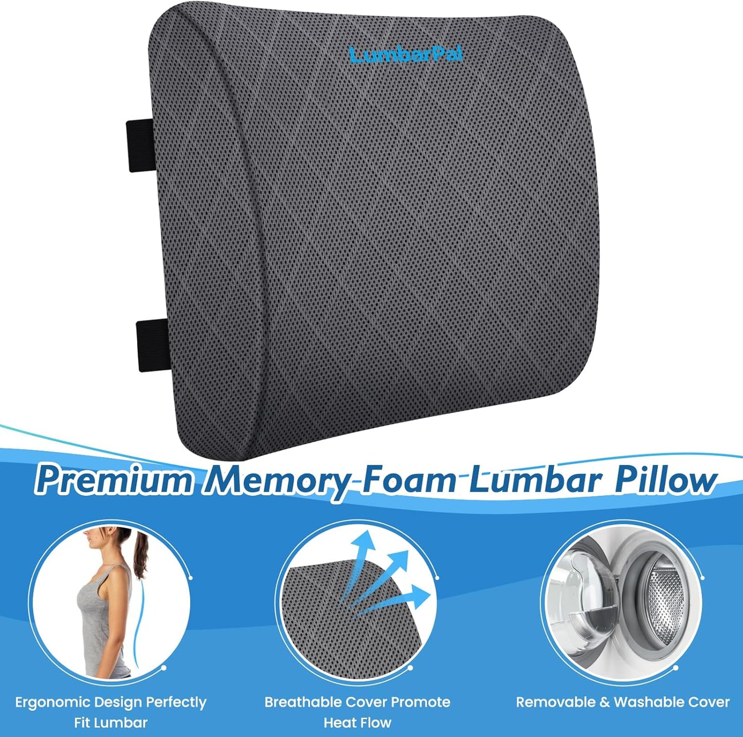 Lumbar Support Pillow for Office Chair Back Support Lumbar Pillow for Car, Gaming, Office Chair - Improve Sitting Posture & Back Pain Relief, Memory Foam, Adjustable Straps, Grey
