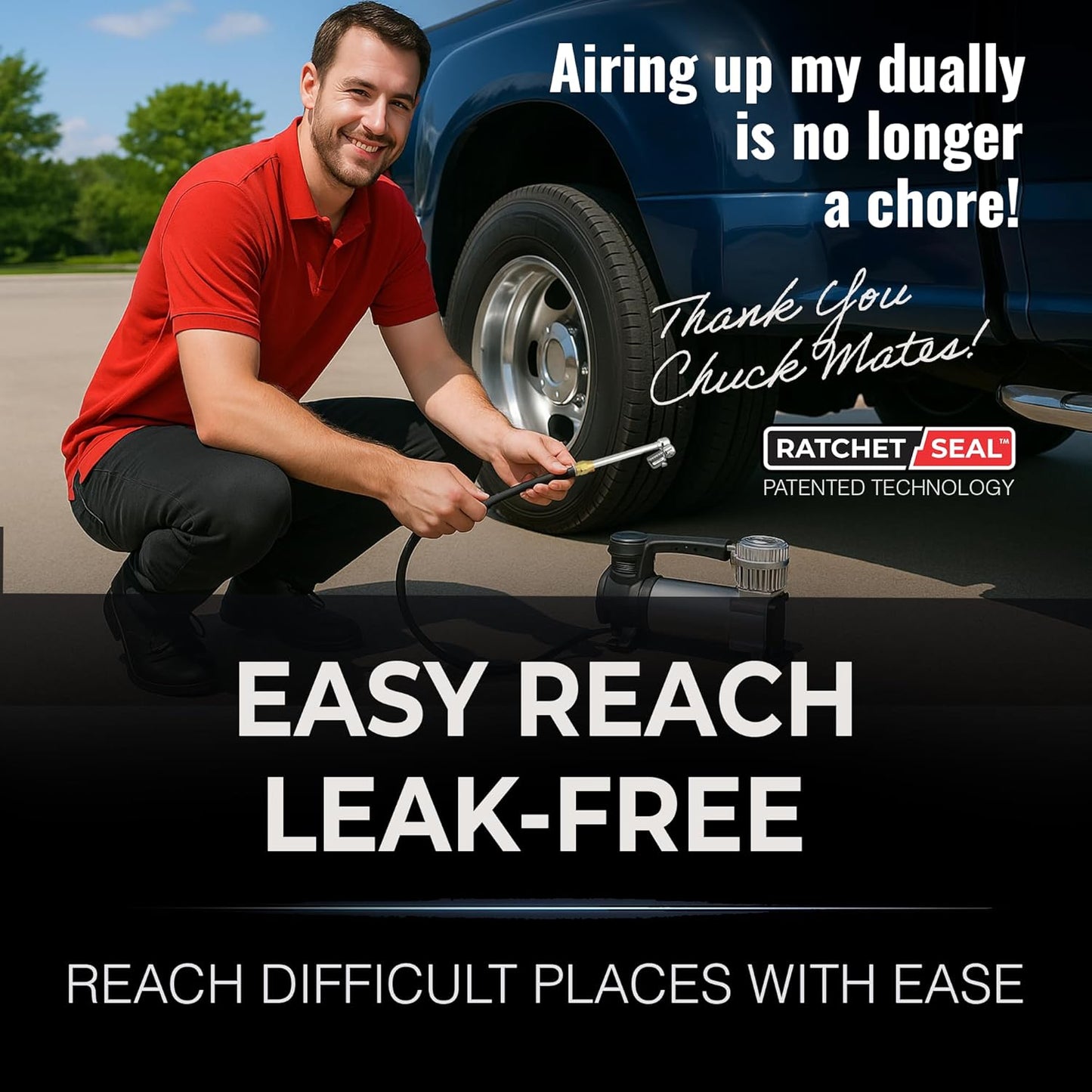 Chuck Mates™ Reach360™ Platinum Series Articulating Rigid 7" Extension with Adapter for Tire Inflators | Dually Trucks RV Bicycle Car Semi