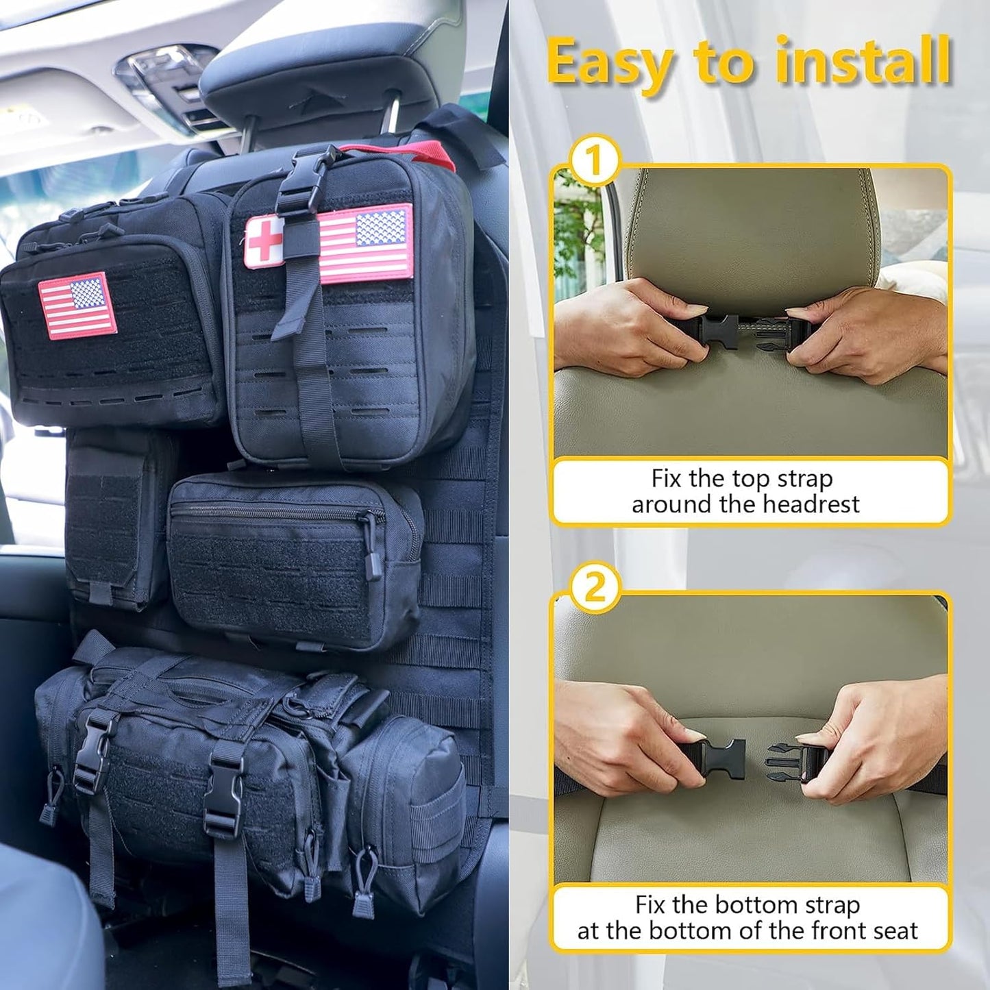Universal Tactical Seat Back Organizer Vehicle Molle Panel Organizer Storage Bag with 5 Detachable Molle Pouch for All Vehicel Such as Jeep,Truck,SUV, Car, Ford,Chevy etc