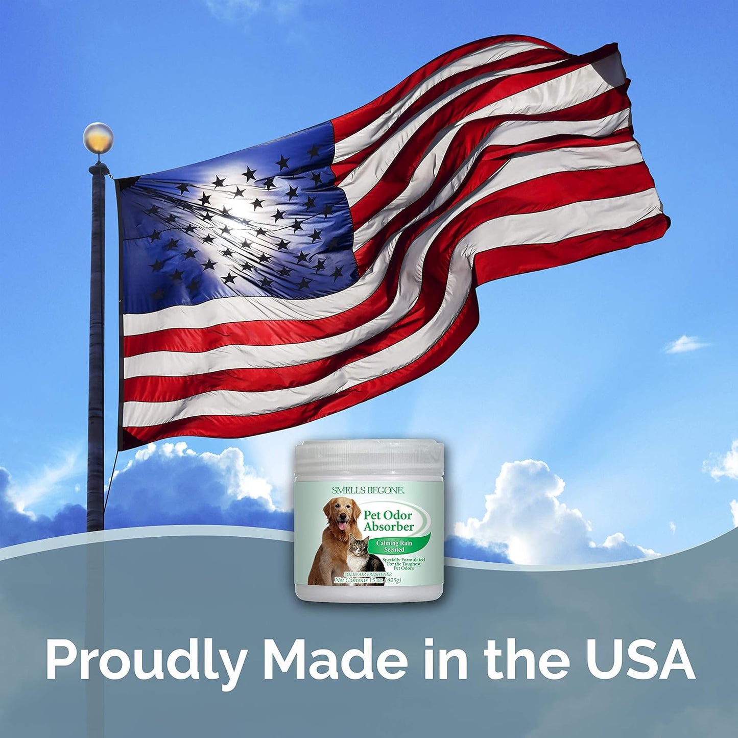 SMELLS BEGONE Air Freshener Odor Absorber Gel - 15 oz, Pack of 2 - Absorbs and Eliminates Odor in Pet Areas, Bathrooms, Cars, & Boats - Made with Essential Oils - Calming Rain Scent