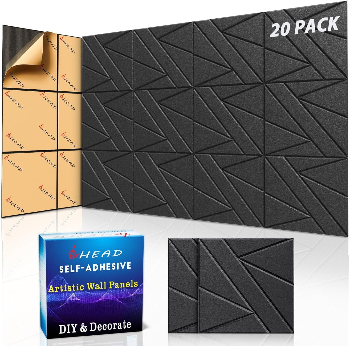 【20 Pack】 Acoustic Panels Self-Adhesive (0.4" Thick | 0.8lb/ft³ Medium Density) - 12x12 Soundproof Foam Tiles for Home Office/Wall Sound Absorption, Noise Reduction Panels Studio Use - Black