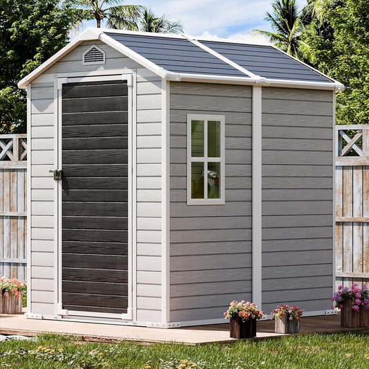 6x4 FT Resin Storage Shed for Outdoor, Waterproof Plastic Sheds with Floor Window Door Inlcuded, Outside Tool Storage for Garden Backyard Patio Lawn, Gray
