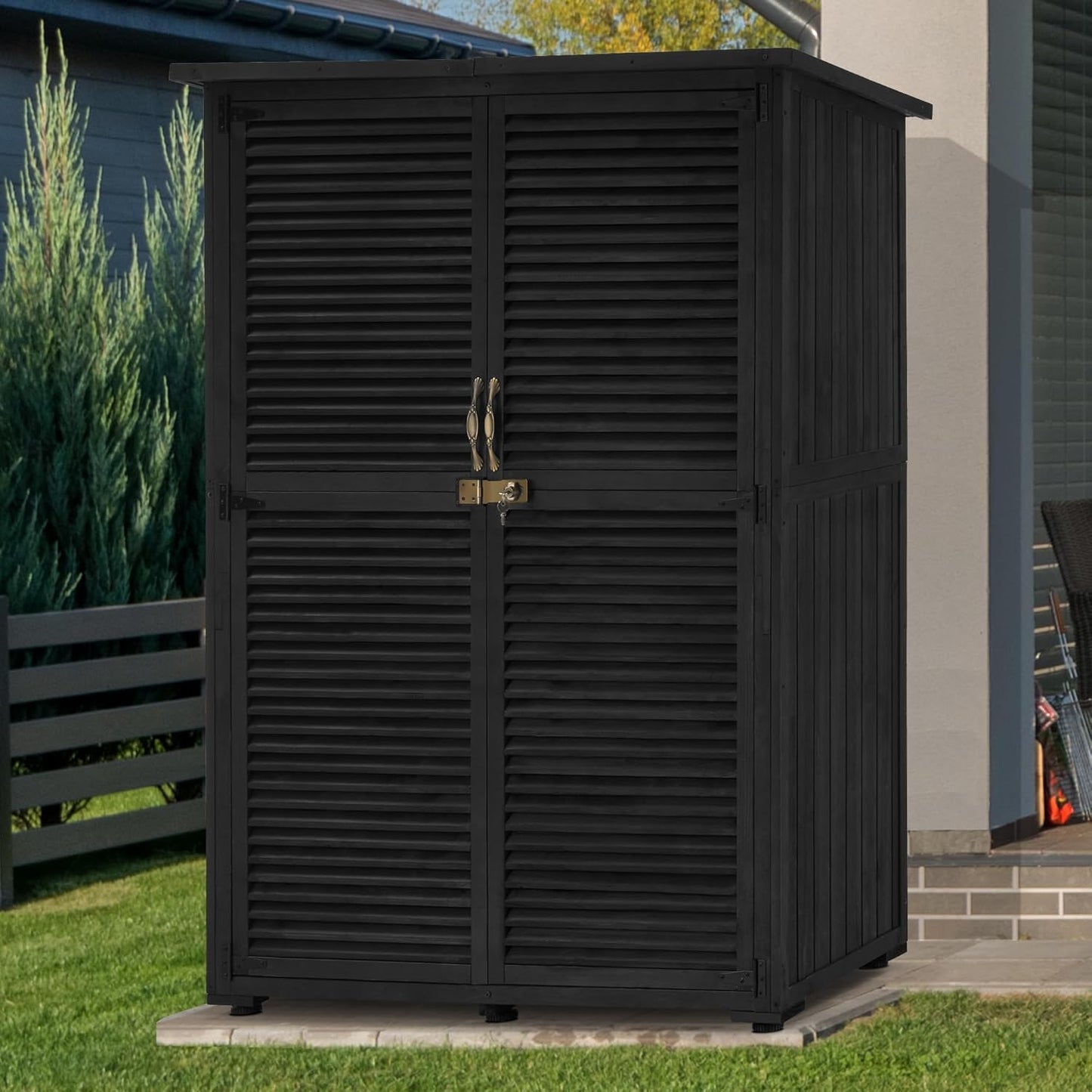 MCombo Outdoor Storage Cabinet, Wooden Storage Shed with Latch, Outside Garden Tool Shed with 2 Doors for Patio Yard Lawn, 1900 (Black, Large)