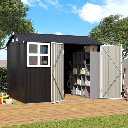 Verano Garden 8x6FT Outdoor Storage Shed, Galvanized Steel Metal Garden Shed with Large Window, Lockable Double Door, Outdoor Tool Shed for Backyard, Patio, Lawn(96.65"x71.85"x77.56")
