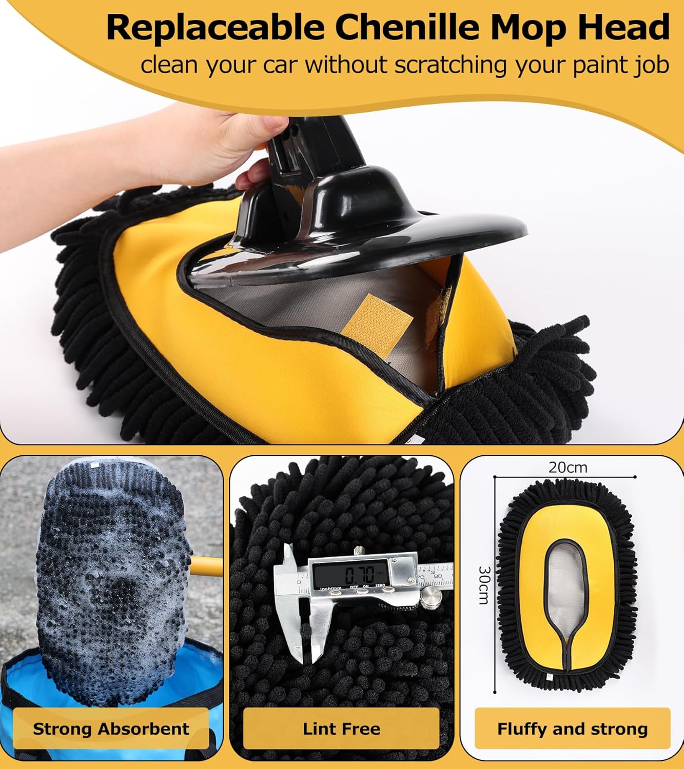 anngrowy 56.7" Car Wash Brush Mop Kit Mitt Sponge with Long Handle Car Cleaning Supplies Kit Tools Car Washing Duster Exterior Scratch Free, Chenille Replacement Head Extension Pole