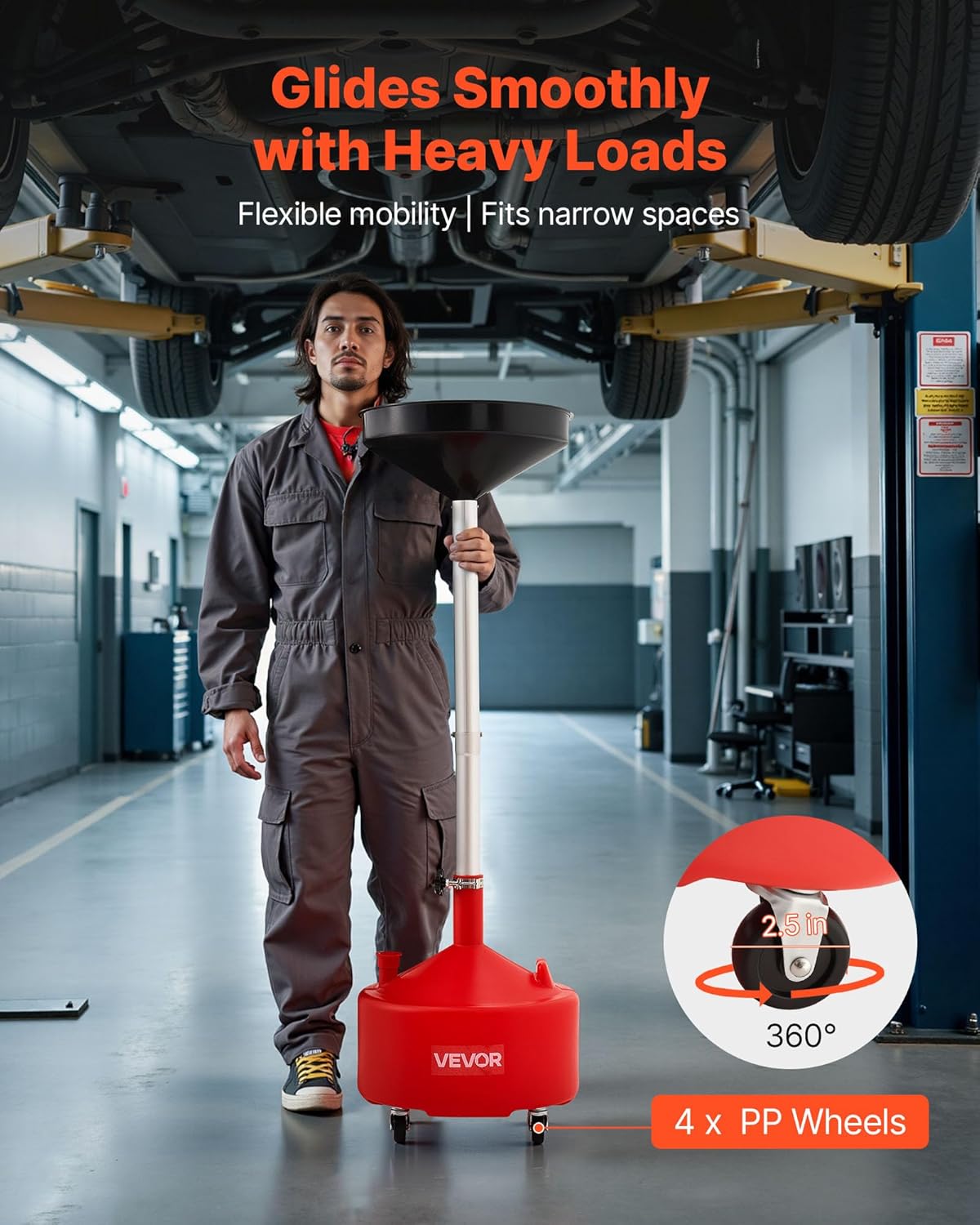 VEVOR 8 Gallon Waste Oil Drain Tank, Industrial Fluid Drain Tank with Adjustable Funnel Height, Portable Oil Drainer with Wheels, Fluid Fuel Transfer Drainage for Auto Repair Shops, Garages, Red