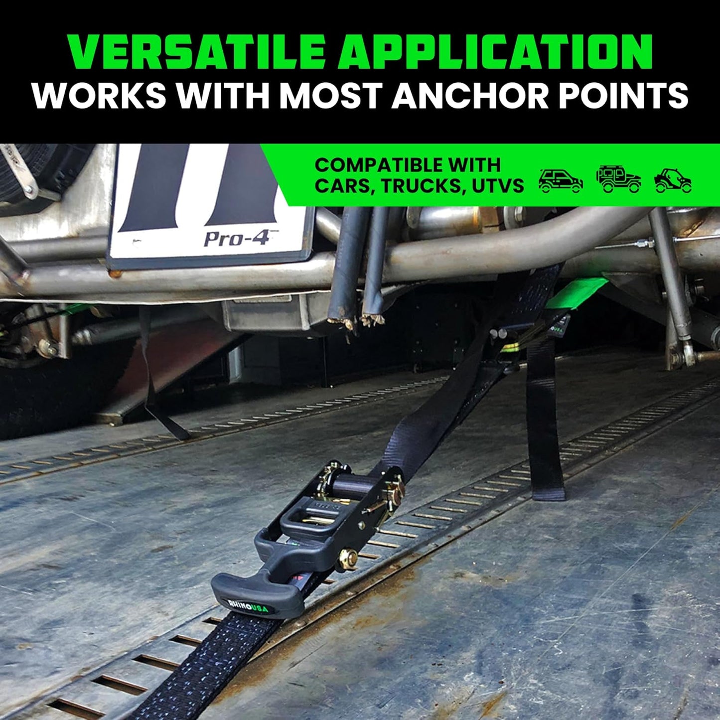 Rhino USA Car Tie Down Straps for Trailers with J Hooks (4-Pack) – 2" x8' (10,000lb Break Strength) – Heavy Duty Car Hauler Tire Straps with Axle Straps for UTV, Powersports & More – Black