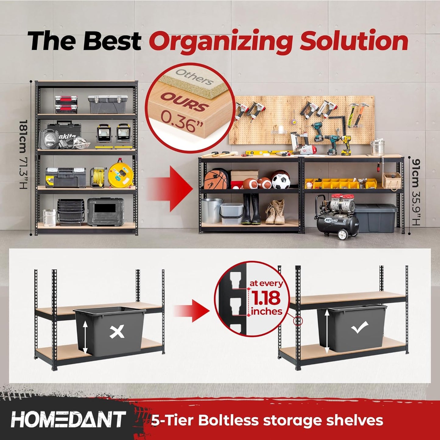 HOMEDANT 5 Tier Laminated Boltless Heavy Duty Garage Storage Adjustable Wide Size Metal Shelving Unit Utility Rack Shelves Organization Multipurpose Shelf Shed Warehouse 47.7"W x 18.2"D x 71.3"H 4Pack