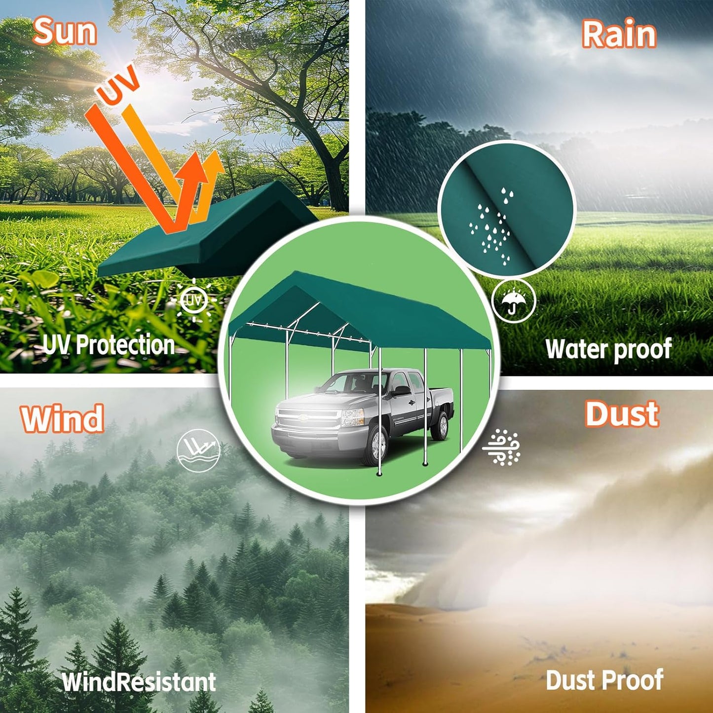 10'x20' Carport Replacement Top Canopy Cover for Car Garage Top Tarp Shelter, Waterproof Car Cover Tent for Party Garden Boat with Ball Bungees (Frame is not Included) (Greem, 10' x 20')