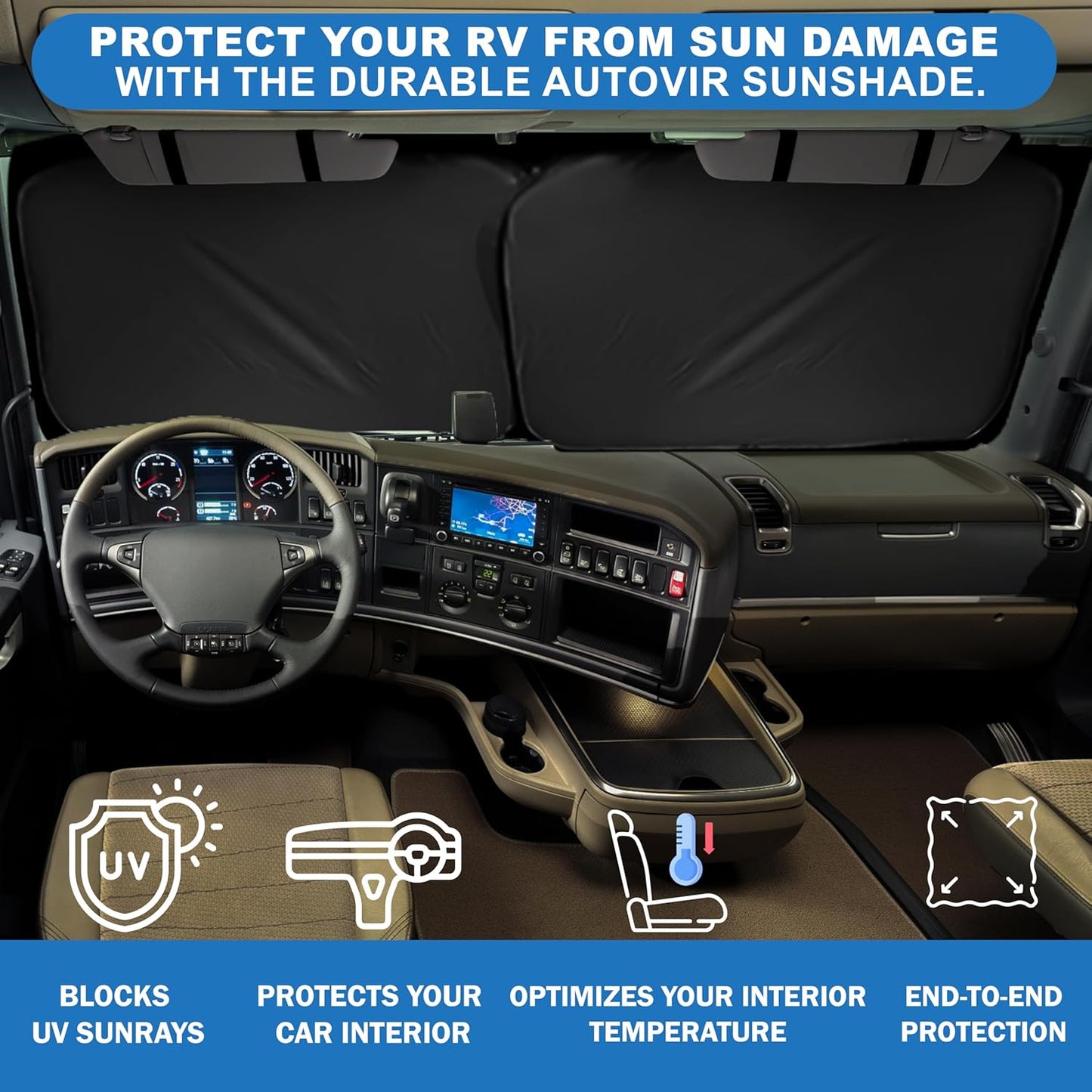 2-Piece RV Windshield Sunshade | Reflective 240T Polyester Front Windshield Shade | Foldable Front RVs, Large Bus, Large Side Window Sun Shade | XXL (41.5" x 50")