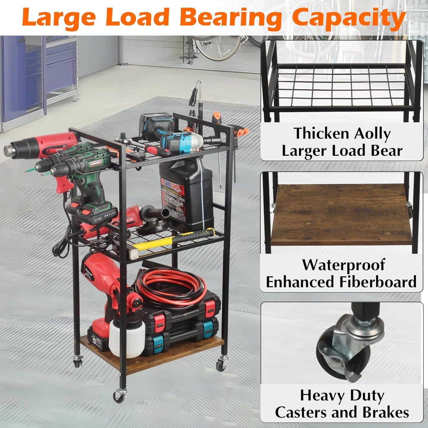 MUTUACTOR Heavy Duty Garage Tools Organizer Cart,3-Tier Rolling Utility Tool Chest with Electric Impacts Rack,Large Load-Bearing Shelf Storage Metal Rack Tool Cart with Wheel for Organizer and Storage