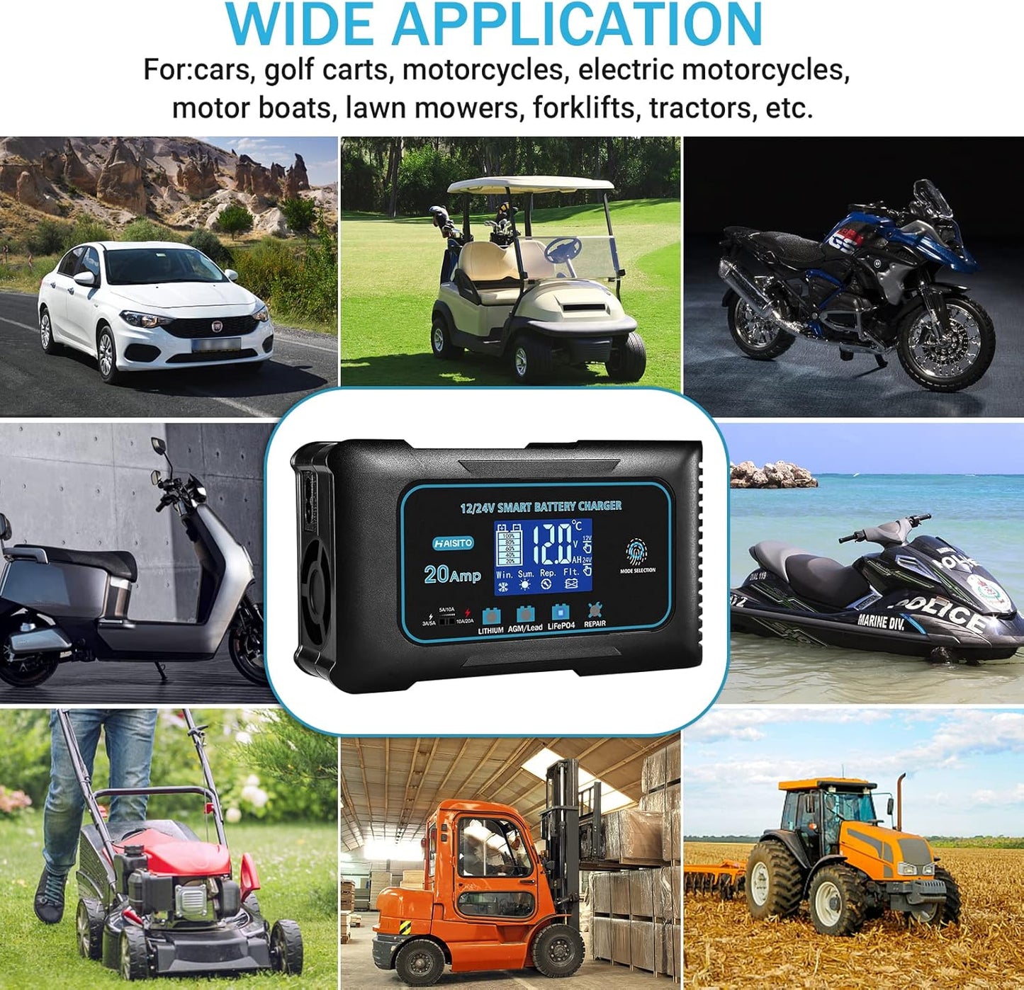 Haisito: 20A 12V/24V Smart Battery Charger –Automatic Maintainer, Trickle Charger & Desulfator with Overcharge Protection & Temperature Compensation – for Lead-Acid,LiFePO4 & Lithium Batteries