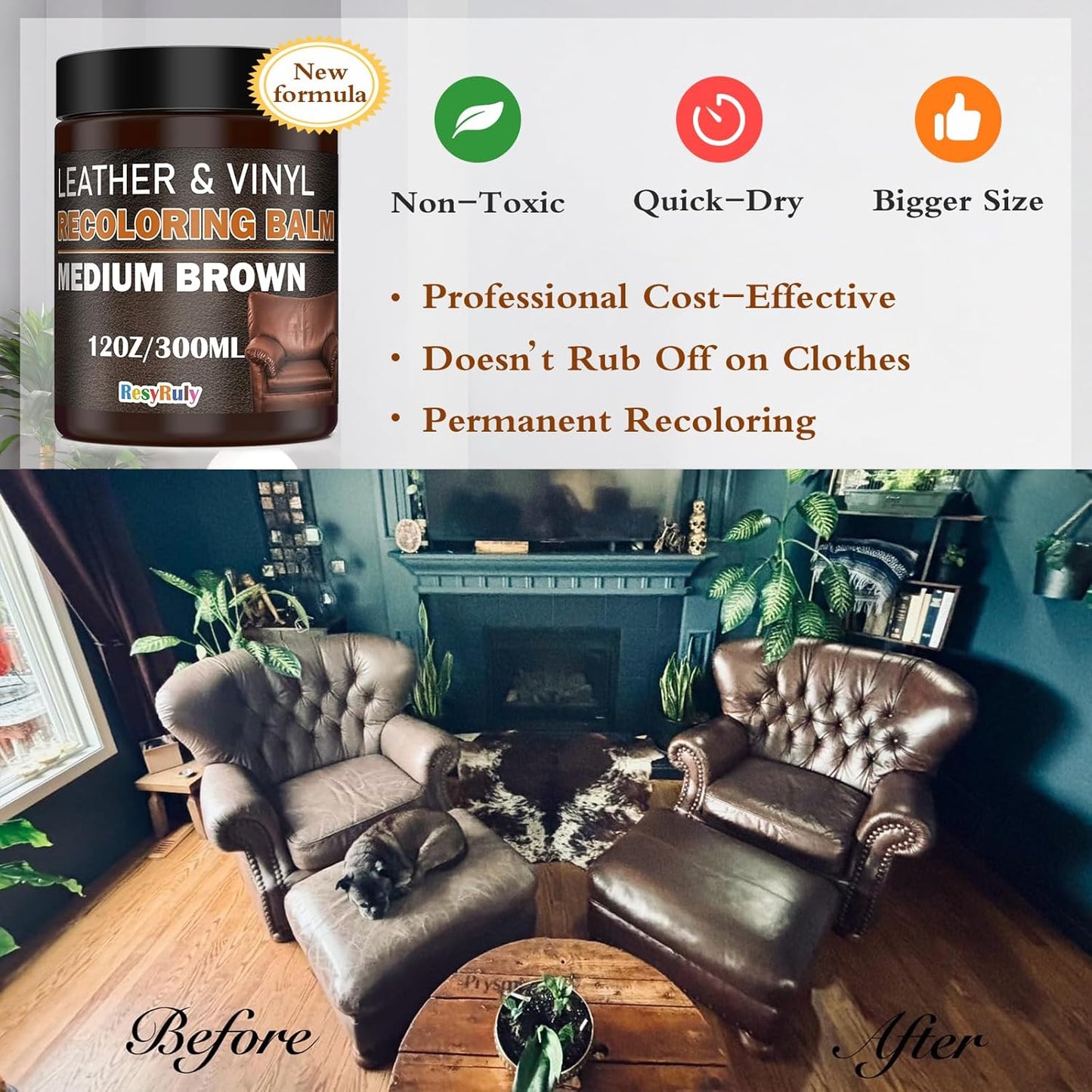 Leather Recoloring Balm Medium Brown Dye Vinyl Car Interior Leather Boat Seat Paint Furniture Couch Recliner Chair Boot Jacket Shoe Bag Purse Belt Color Restorer Fading Stain Scratch Remover Repair