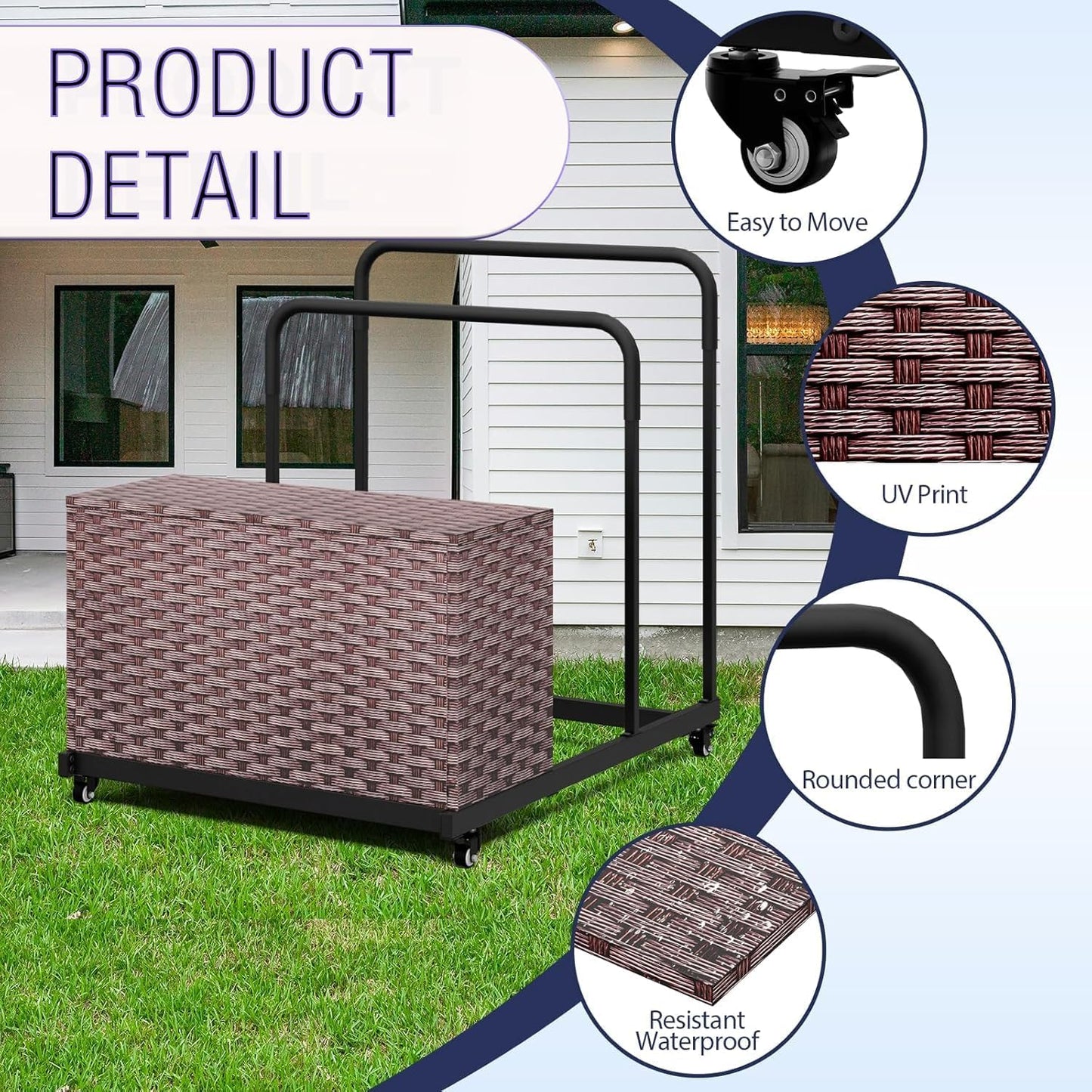 Pool Storage, All-Weather Float Storage Organizer for Cushions, Pool Float Storage Bin with Wheels, Waterproof Metal with Rattan Pattern UV Print Outdoor Pool Towel Rack, Brown