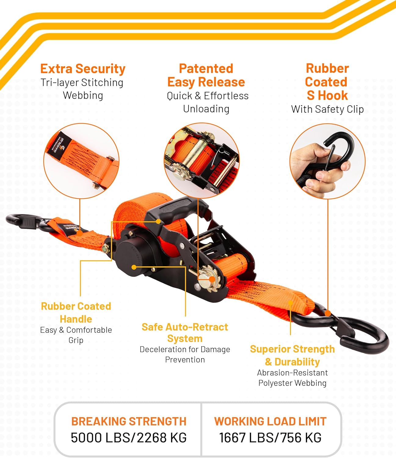 Strapinno 2PCs Retractable Ratchet Tie-Down Straps,5,000 lbs Break Strength- 2 in x 12 ft Heavy Duty Ratchet Strap with Safety Lock S Hooks for Motorcycles, ATVs, UTVs, Lawn Equipment & Cargo-Orange