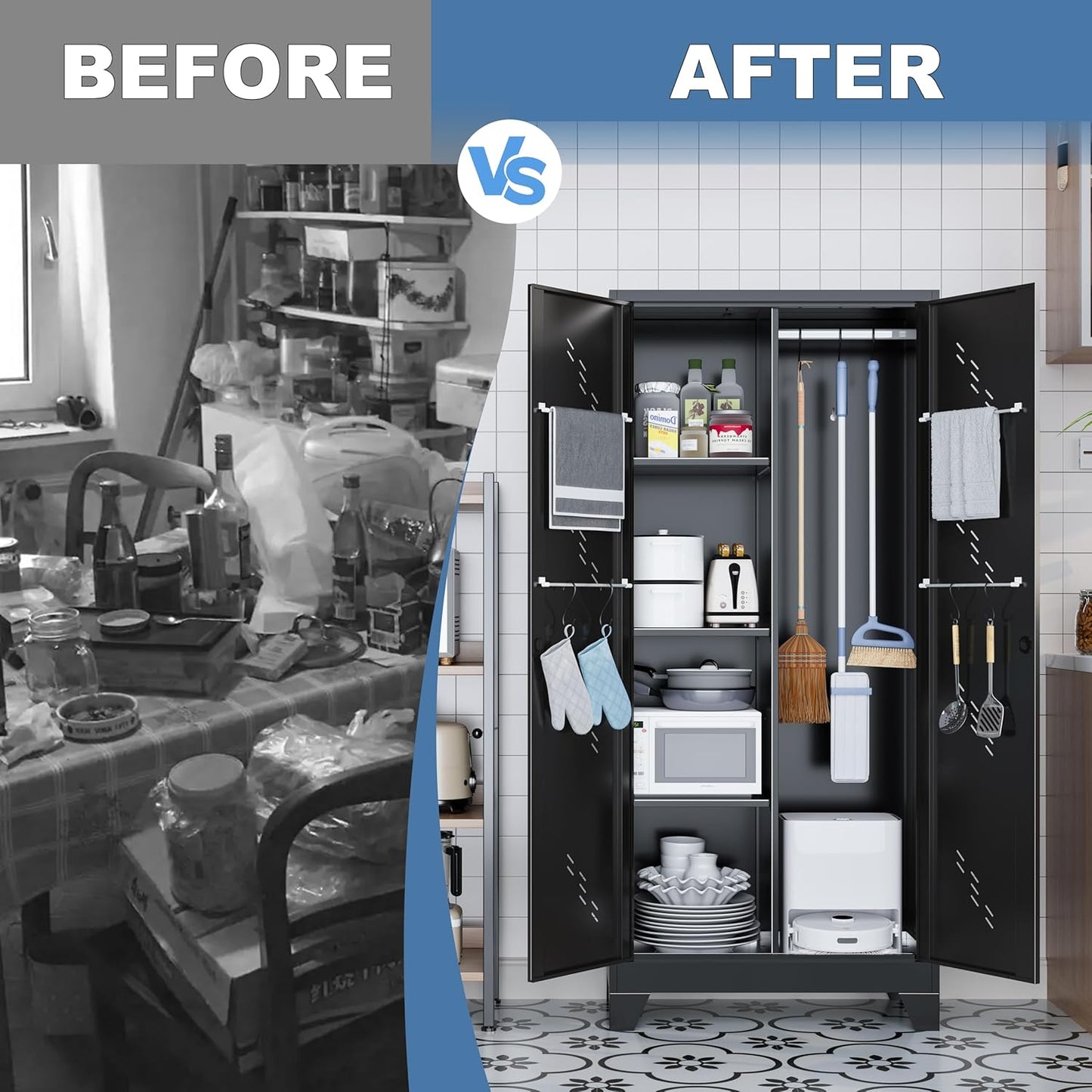 Metal Garage Storage Cabinet with Locking Doors, 71" Tall Broom Closet Storage Cabinet, Heavy Duty Garage Organization Cabinets, Steel Cabinet with Hanging Rod, Assembly Required